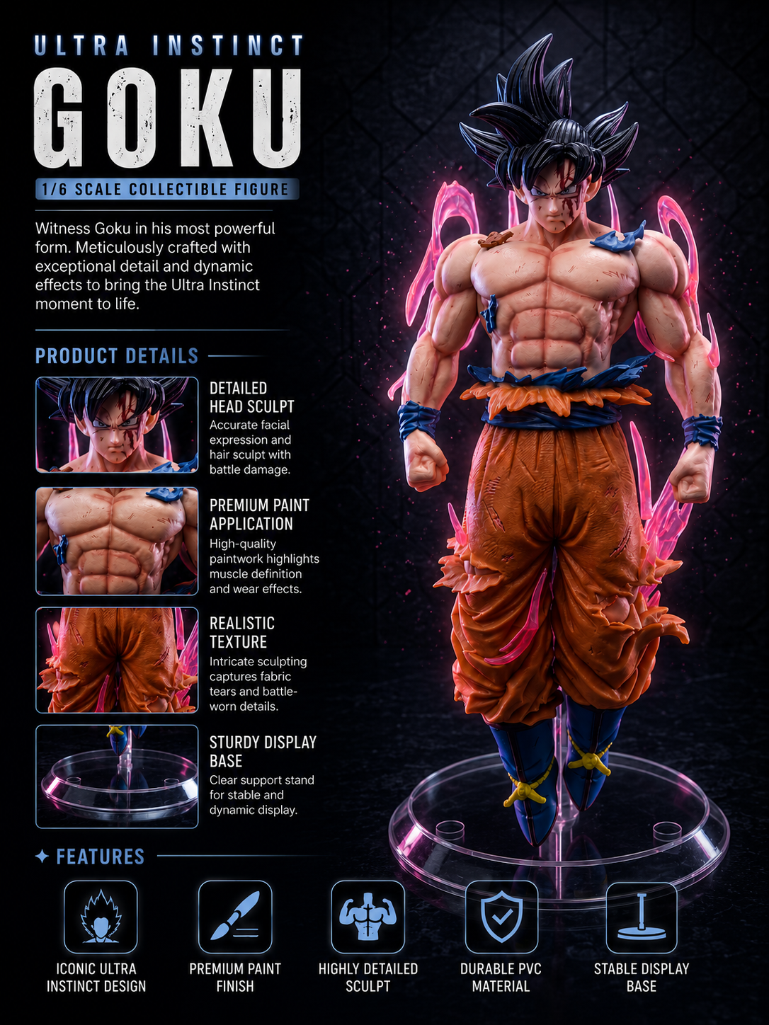 Ultra Instinct Goku Dragon Ball Action Figure | Anime Collectible Toy Statue with Stable Display Stand | PVC Character Model for Desk Decor, Collection & Gift
