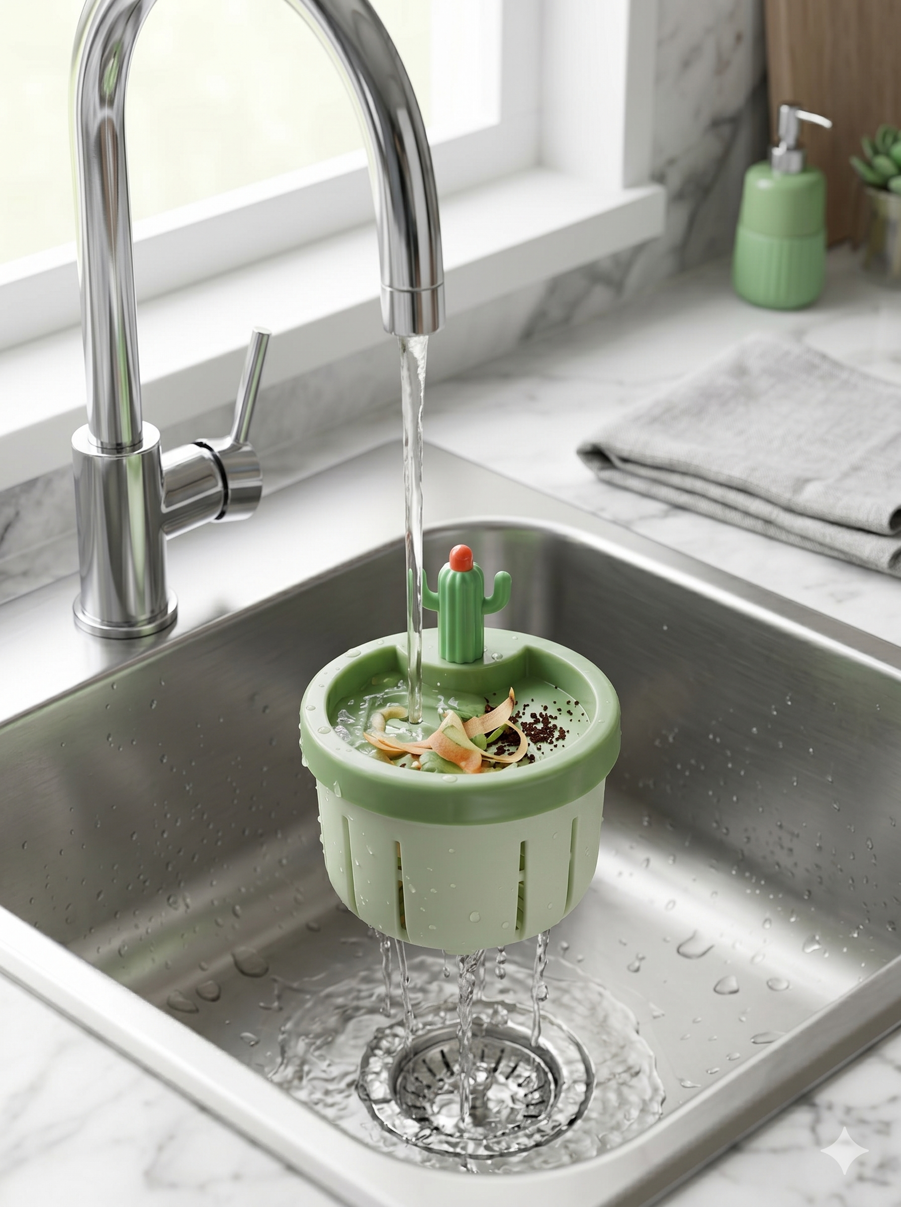 Cactus Kitchen Sink Strainer Basket | Press-to-Drain Vegetable & Fruit Washing Colander | One-Click Food Waste Filter Basket for Sink, Rice, Veggies & Kitchen Cleaning