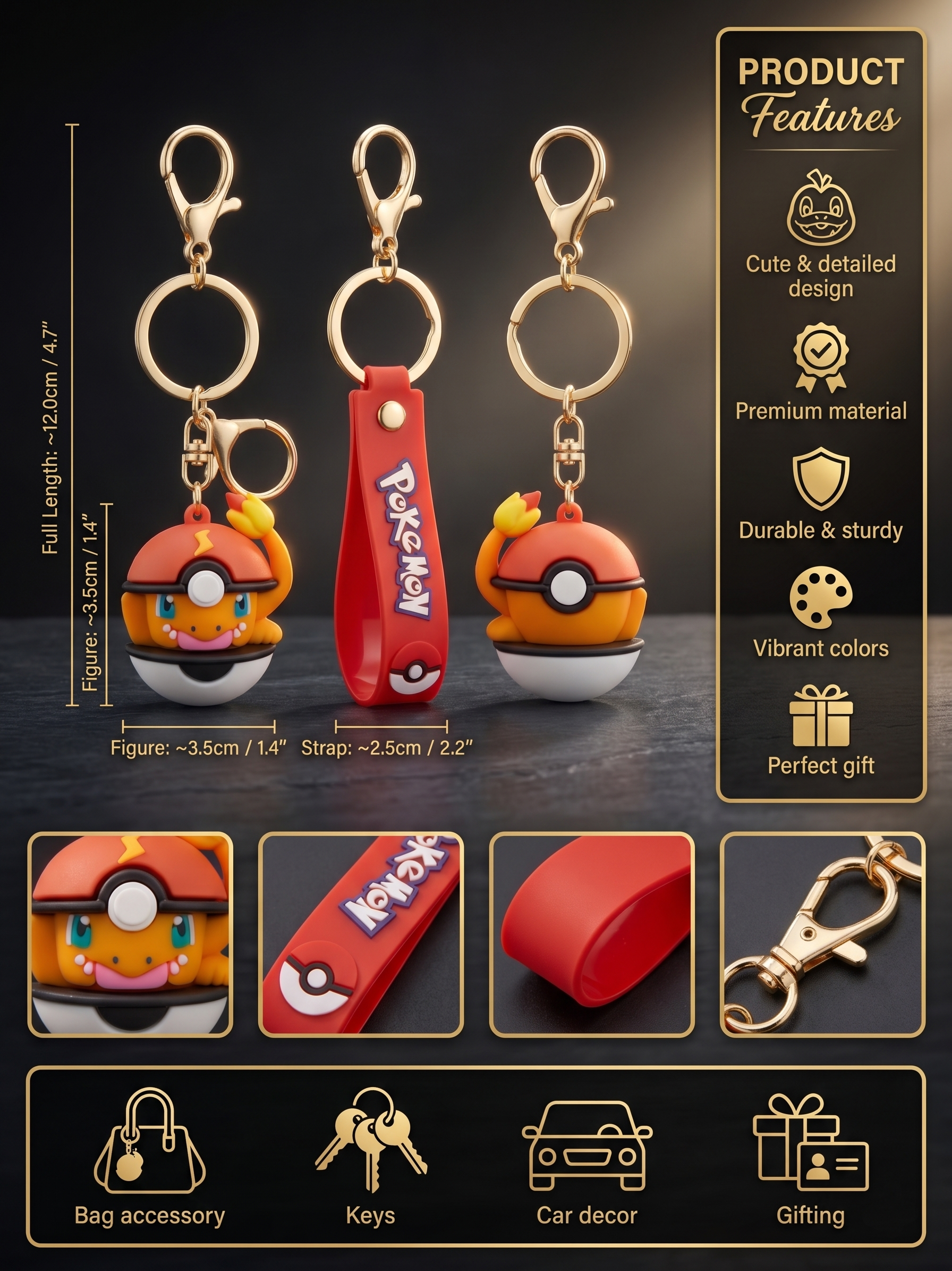 Charmander Poké Ball Keychain | Cute Pokémon Character PVC Charm with Red Strap, Metal Key Ring & Clasp | Backpack Charm, Keys, Car Hanging & Gifting