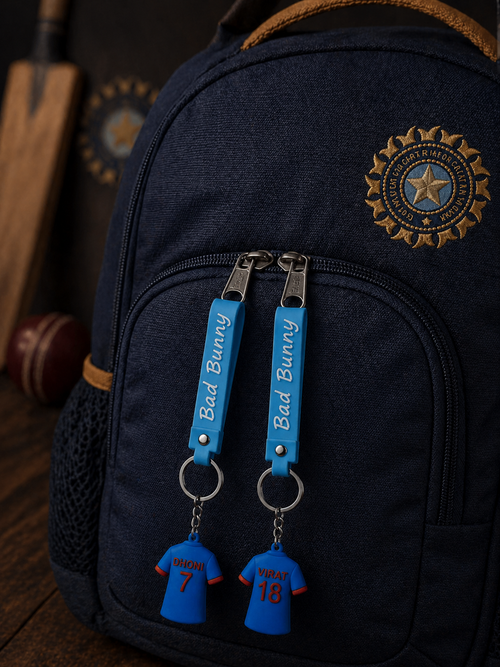 (pack of 2) Dhoni 7 & Virat 18 India Jersey Keychain Set | Cricket Fan Key Ring Combo with Soft Silicone Strap & PVC Charm | Bag Accessory, Backpack Charm & Gift for Sports Lovers