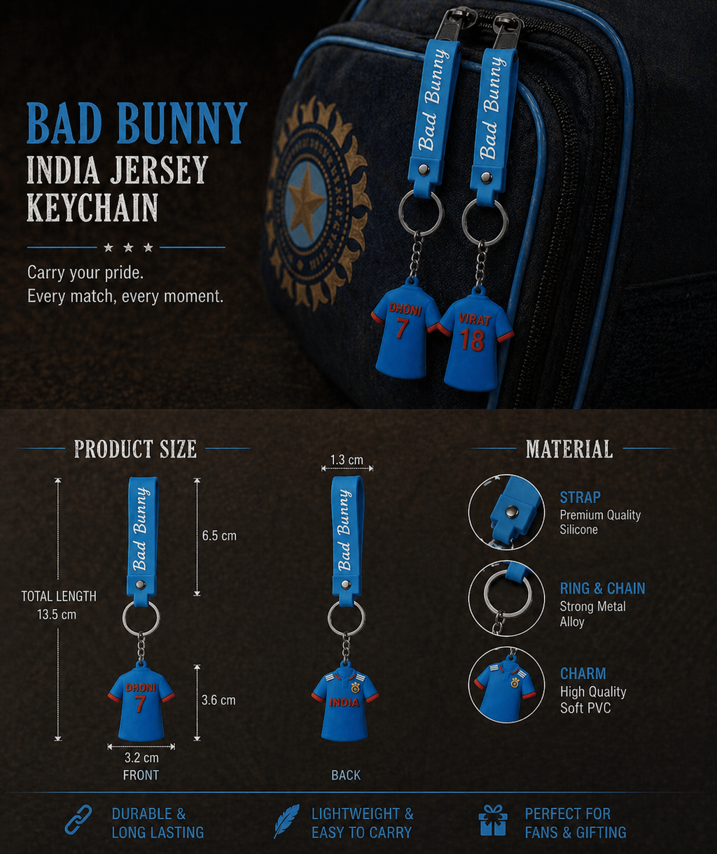 (pack of 2) Dhoni 7 & Virat 18 India Jersey Keychain Set | Cricket Fan Key Ring Combo with Soft Silicone Strap & PVC Charm | Bag Accessory, Backpack Charm & Gift for Sports Lovers