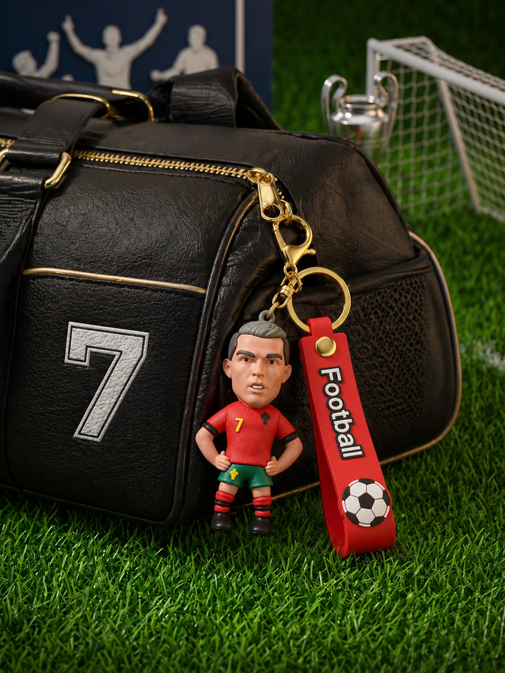 CR7 Inspired Football Player Keychain | Red Soccer Jersey PVC Figure Charm with Silicone Strap & Zinc Alloy Hardware | Backpack, Keys, Car Decor & Gift for Fans