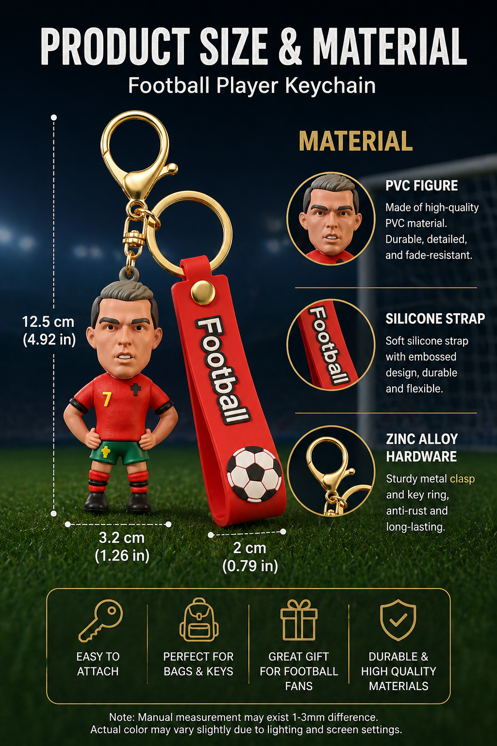 CR7 Inspired Football Player Keychain | Red Soccer Jersey PVC Figure Charm with Silicone Strap & Zinc Alloy Hardware | Backpack, Keys, Car Decor & Gift for Fans
