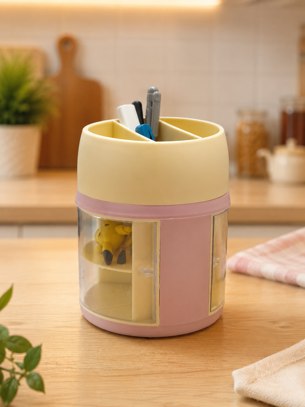 Multi-Compartment Pen Holder with Side Storage | Rotating Desk Organizer for Pens, Pencils, Stationery & Small Accessories | Stylish Study Table & Office Organizer