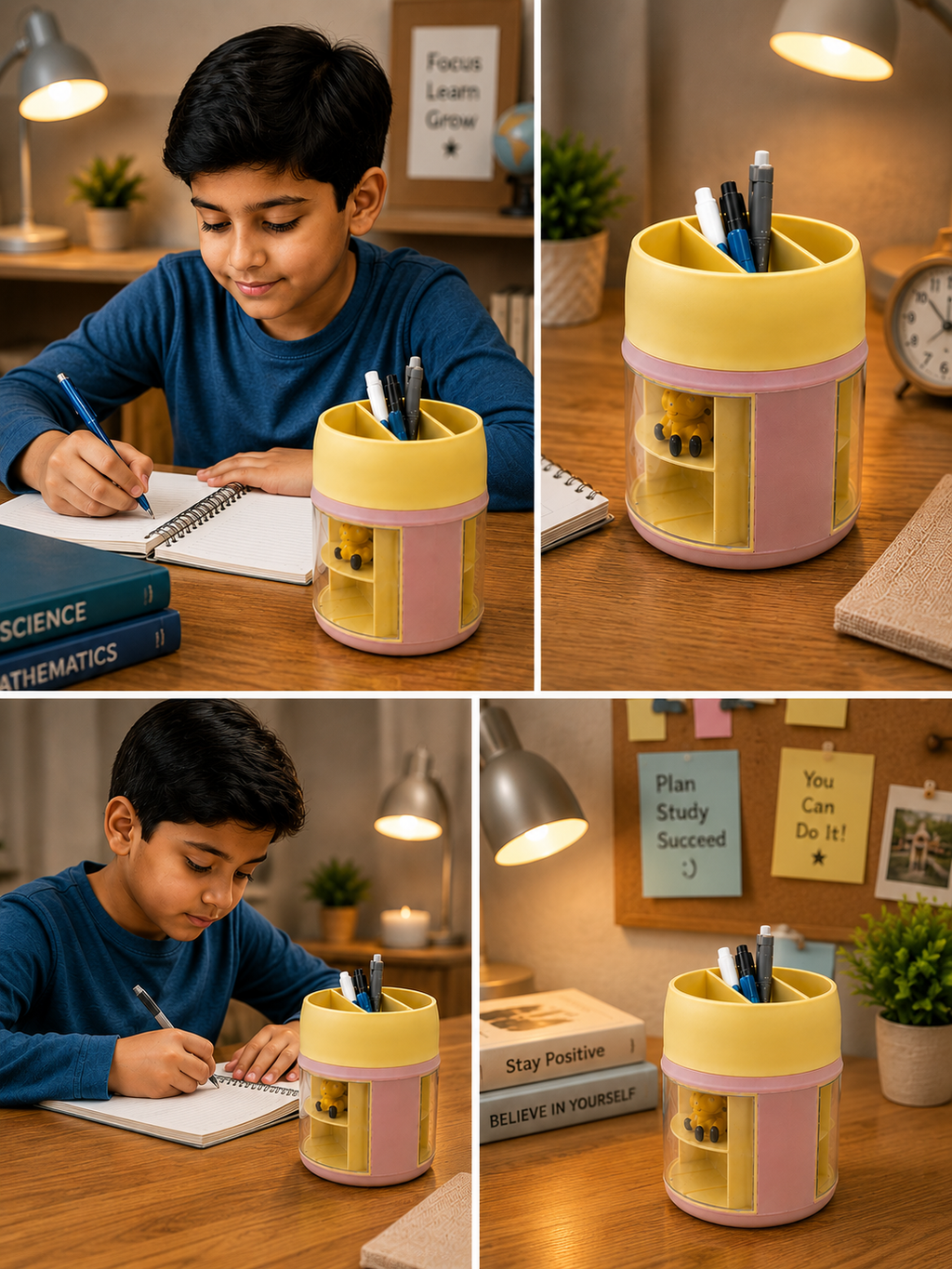 Multi-Compartment Pen Holder with Side Storage | Rotating Desk Organizer for Pens, Pencils, Stationery & Small Accessories | Stylish Study Table & Office Organizer