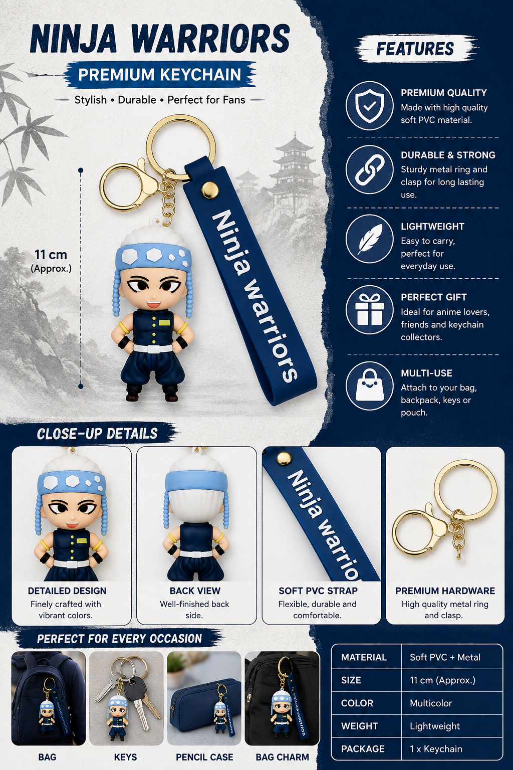 Demon Slayer Tengen Uzui Ninja Warrior Keychain | Premium Anime Character PVC Bag Charm with Blue Strap, Metal Ring & Clasp | Stylish Key Holder for Bags, Keys, Backpack & Gift