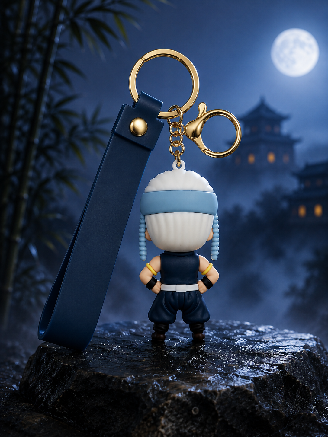 Demon Slayer Tengen Uzui Ninja Warrior Keychain | Premium Anime Character PVC Bag Charm with Blue Strap, Metal Ring & Clasp | Stylish Key Holder for Bags, Keys, Backpack & Gift