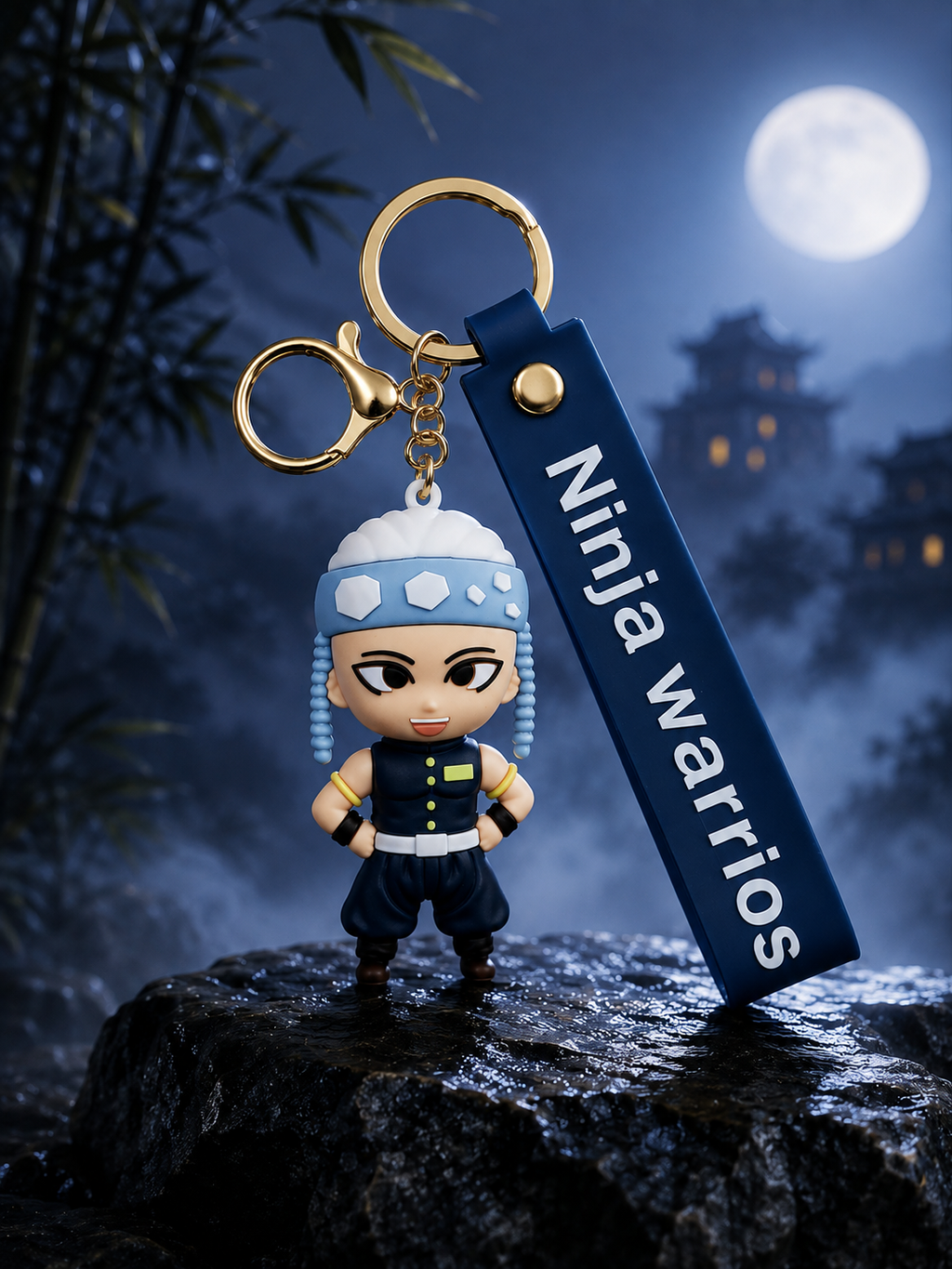 Demon Slayer Tengen Uzui Ninja Warrior Keychain | Premium Anime Character PVC Bag Charm with Blue Strap, Metal Ring & Clasp | Stylish Key Holder for Bags, Keys, Backpack & Gift