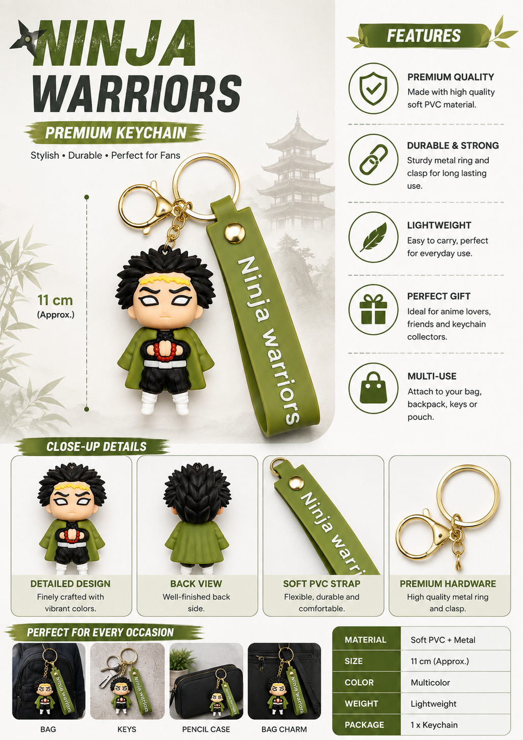 Demon Slayer Gyomei Himejima Ninja Warrior Keychain | Premium Anime Character PVC Bag Charm with Green Strap, Metal Ring & Clasp | Stylish Key Holder for Bags, Keys, Backpack & Gift