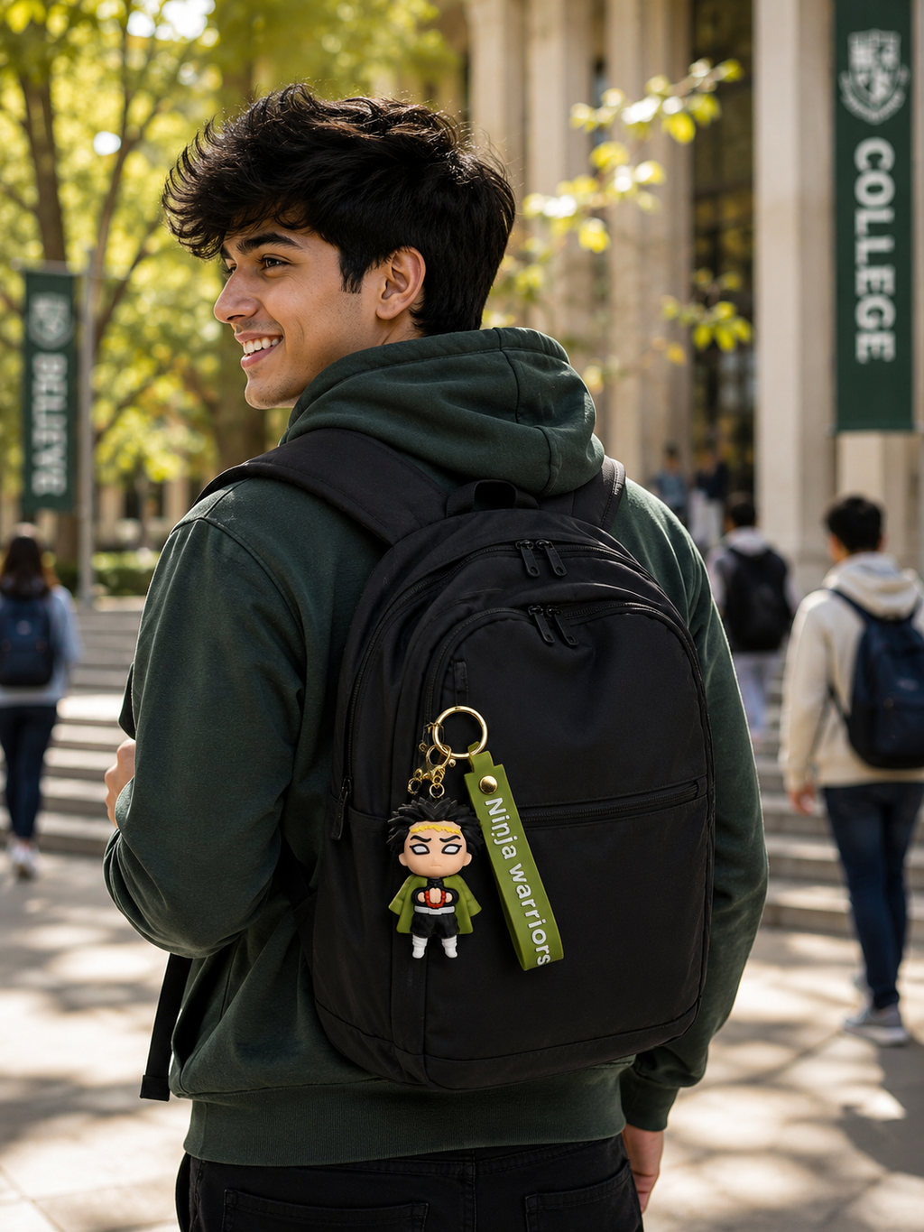 Demon Slayer Gyomei Himejima Ninja Warrior Keychain | Premium Anime Character PVC Bag Charm with Green Strap, Metal Ring & Clasp | Stylish Key Holder for Bags, Keys, Backpack & Gift