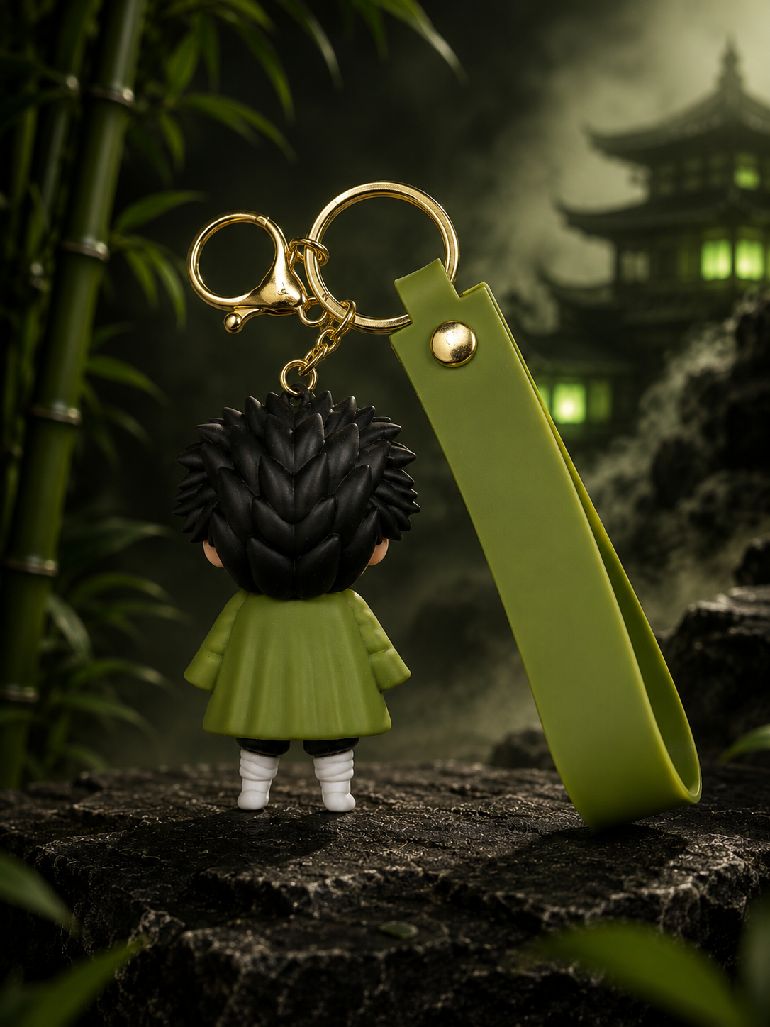 Demon Slayer Gyomei Himejima Ninja Warrior Keychain | Premium Anime Character PVC Bag Charm with Green Strap, Metal Ring & Clasp | Stylish Key Holder for Bags, Keys, Backpack & Gift