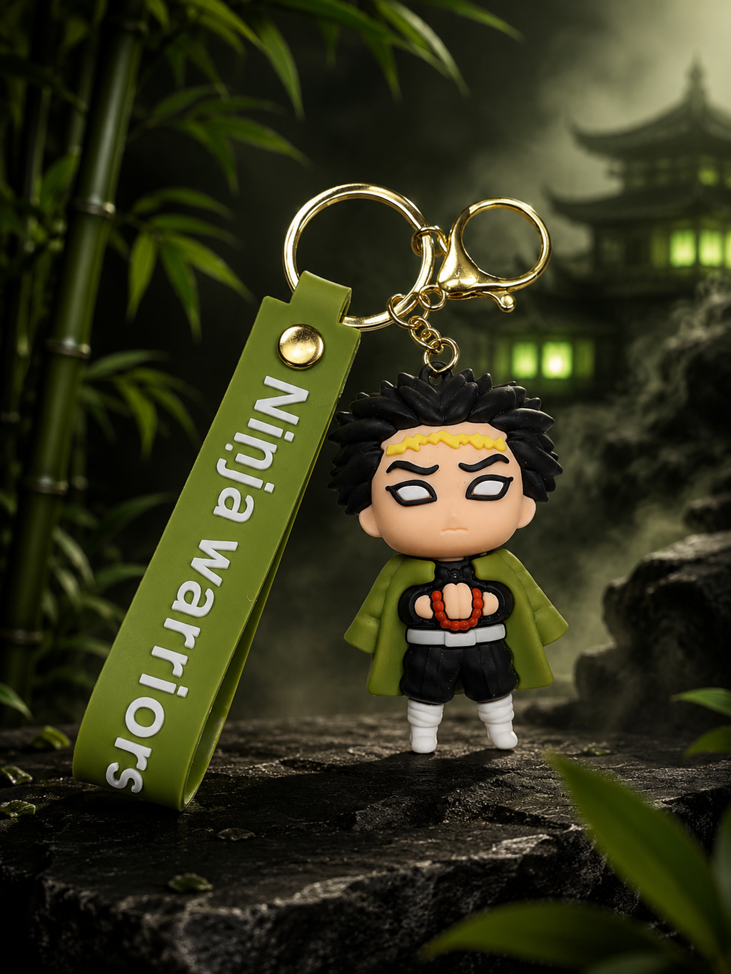 Demon Slayer Gyomei Himejima Ninja Warrior Keychain | Premium Anime Character PVC Bag Charm with Green Strap, Metal Ring & Clasp | Stylish Key Holder for Bags, Keys, Backpack & Gift