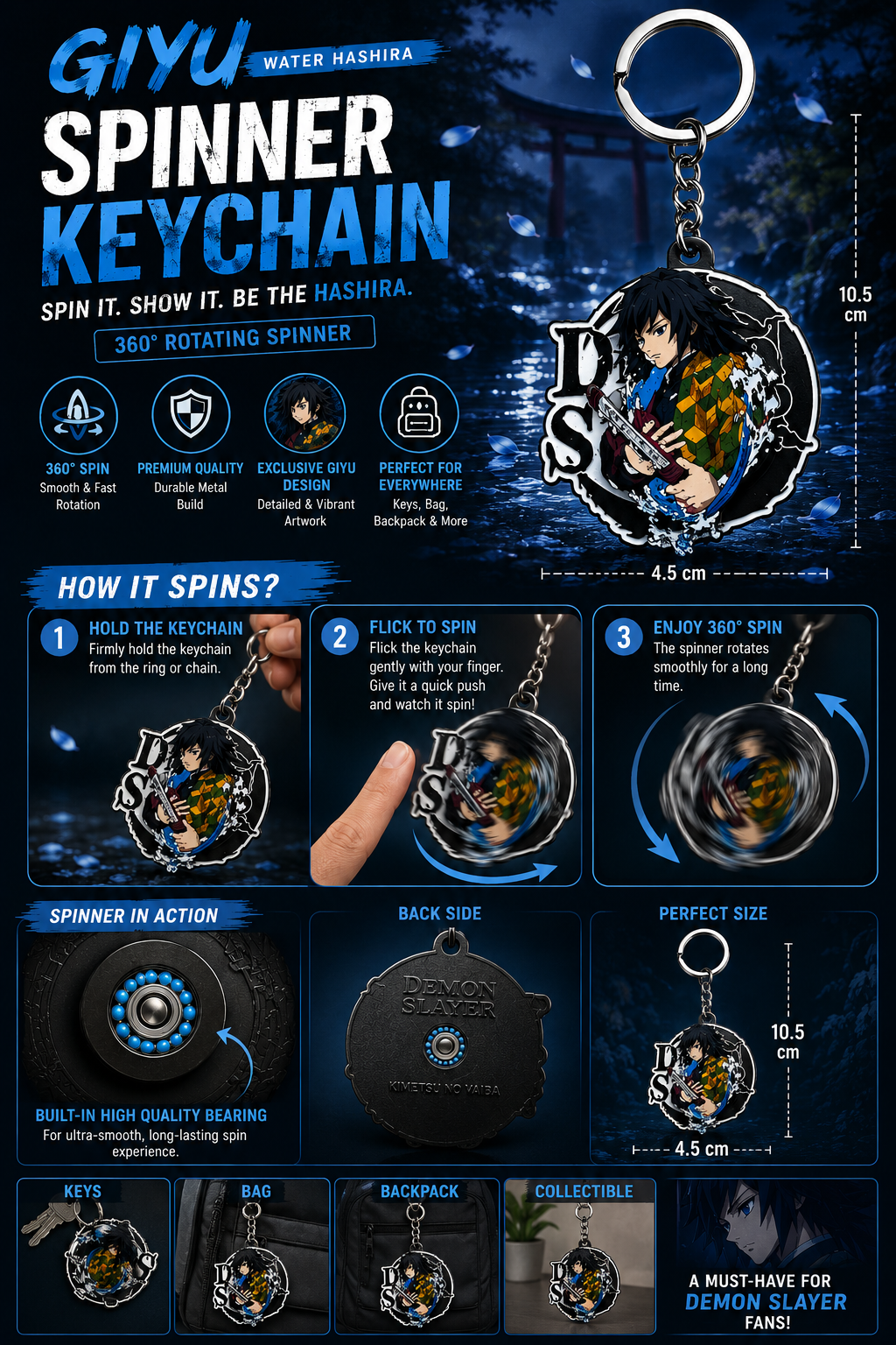 World Gift Mart Demon Slayer Giyu Tomioka Spinner Anime Metal Keychain | Kimetsu no Yaiba Key Chain