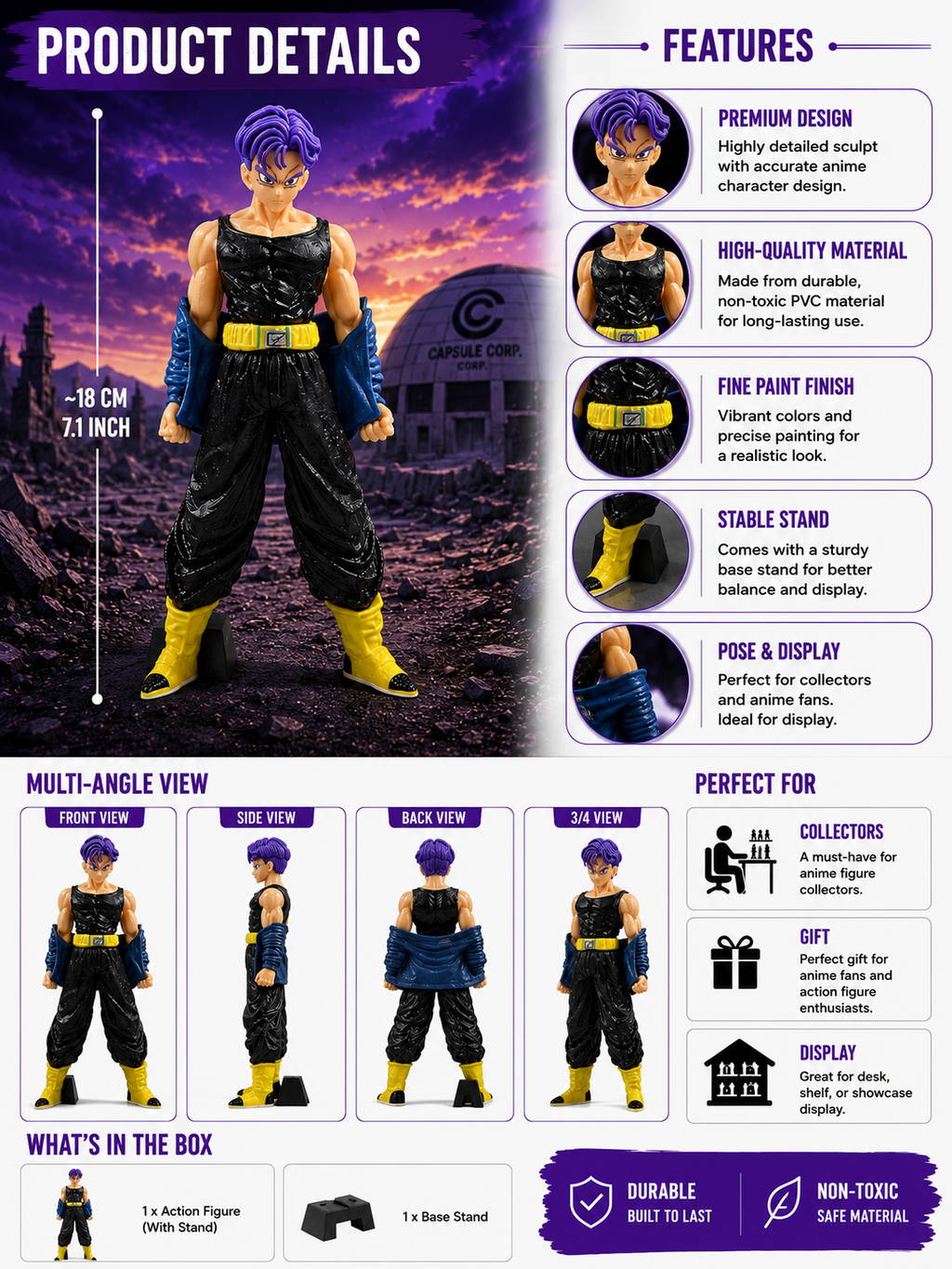 World Gift Mart Trunks Anime Action Figure|Dragon Ball z Limited Collectible|Display Model 20 Cm (Multicolor)