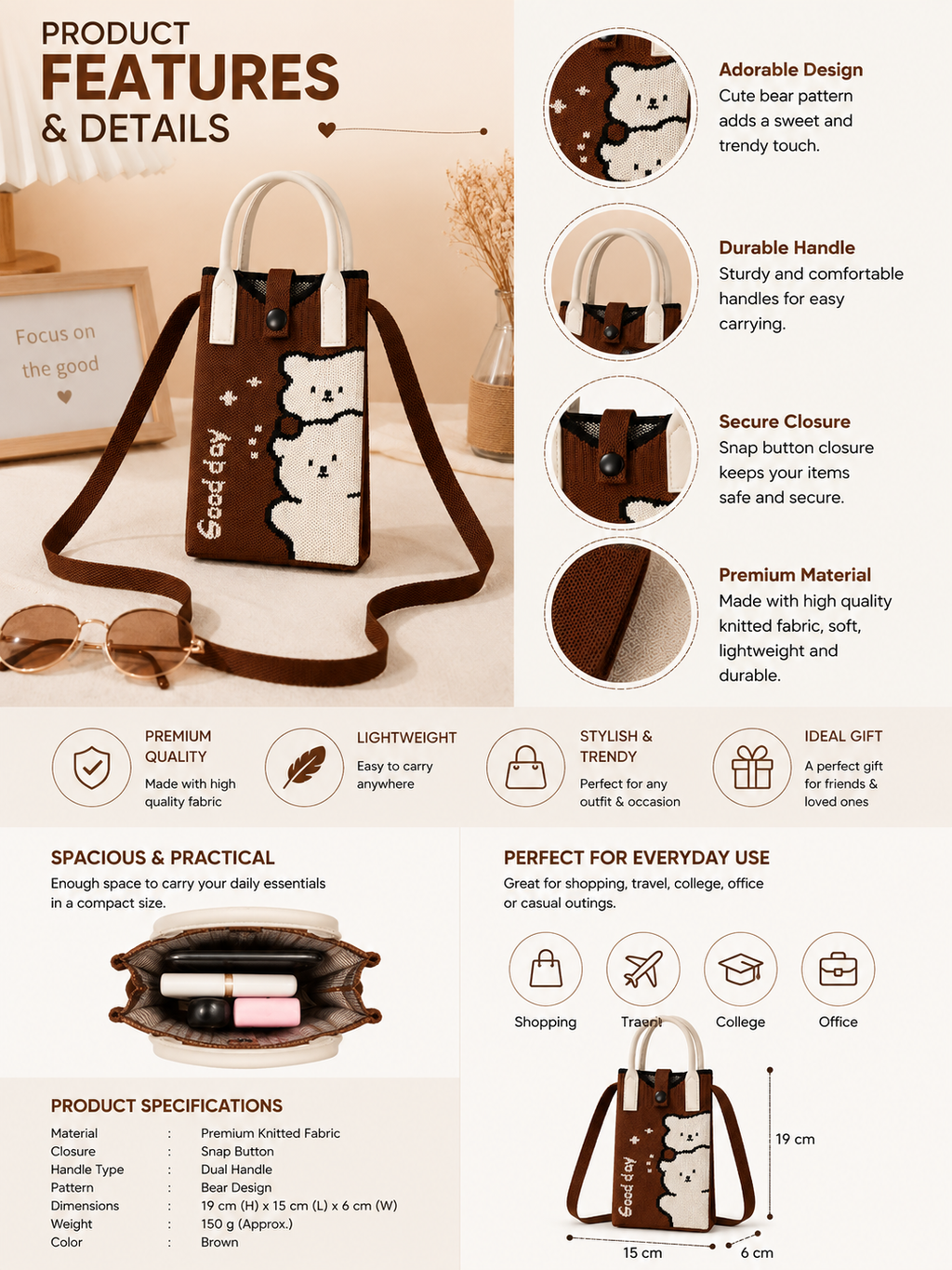 World Gift Mart Brown, White Boys & Girls Sling Bag Teddy Bear Knitted Mini Tote Mobile Bag for Women & Girls with Snap Button