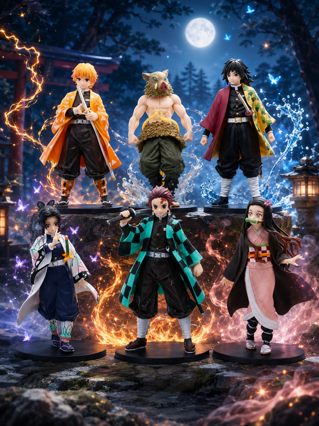 (Pack of 6) Demon Slayer Action Figure Combo | Tanjiro, Nezuko, Zenitsu, Inosuke, Shinobu & Giyu Anime Collectible Figures with Display Bases | Premium Desk Decor, Gaming Setup & Gift for Fans