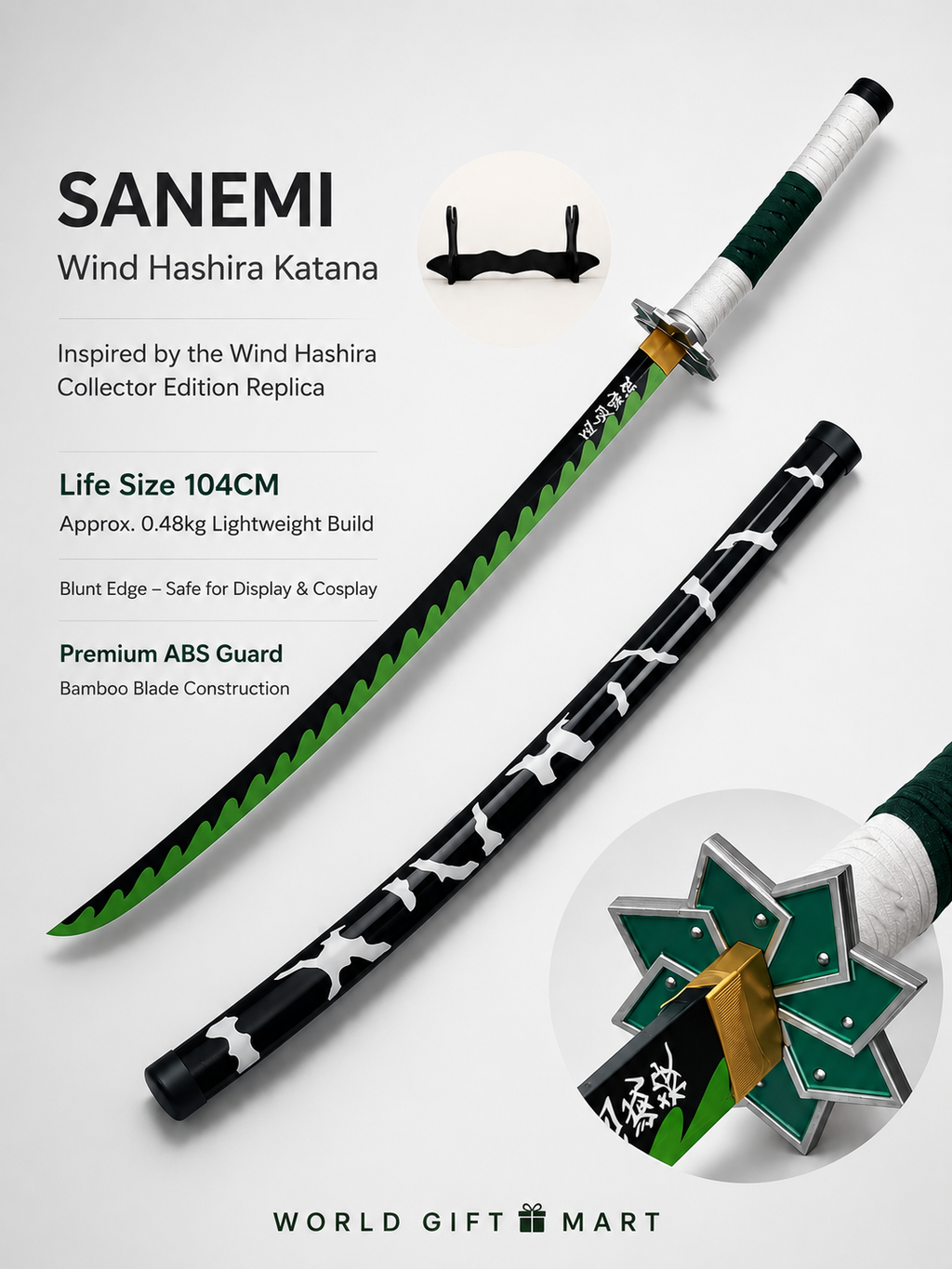 Sanemi Shinazugawa Demon Slayer Katana Sword 41 Inch | Wind Breathing Bamboo Anime Cosplay Sword with Scabbard & Display Stand | Samurai Sword Prop for Room Decor, Collection & Gifting