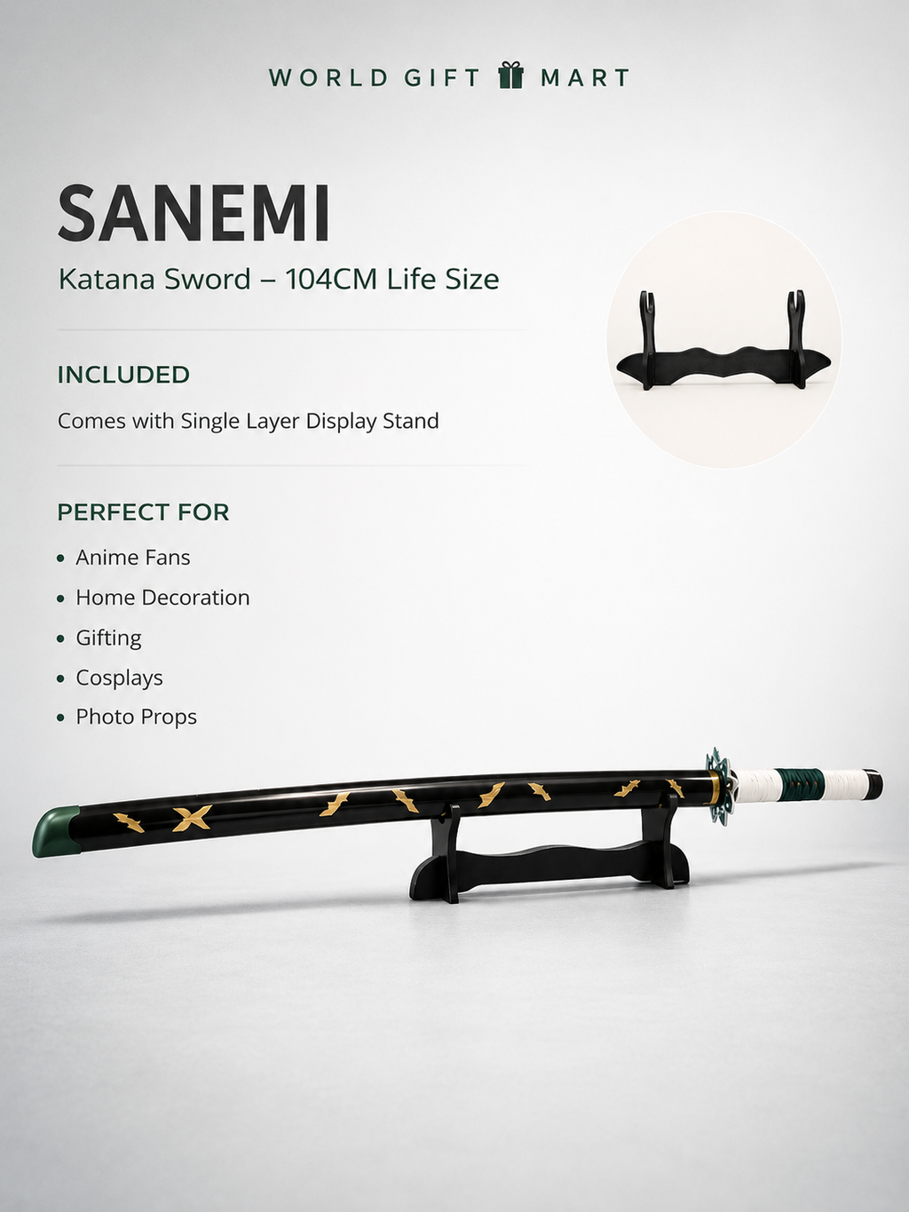 Sanemi Shinazugawa Demon Slayer Katana Sword 41 Inch | Wind Breathing Bamboo Anime Cosplay Sword with Scabbard & Display Stand | Samurai Sword Prop for Room Decor, Collection & Gifting