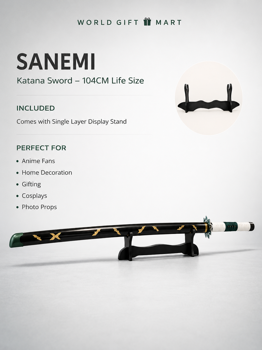 Sanemi Shinazugawa Demon Slayer Katana Sword 41 Inch | Wind Breathing Bamboo Anime Cosplay Sword with Scabbard & Display Stand | Samurai Sword Prop for Room Decor, Collection & Gifting