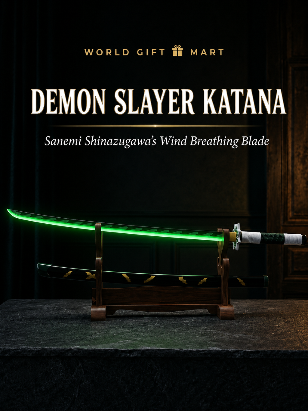 Sanemi Shinazugawa Demon Slayer Katana Sword 41 Inch | Wind Breathing Bamboo Anime Cosplay Sword with Scabbard & Display Stand | Samurai Sword Prop for Room Decor, Collection & Gifting