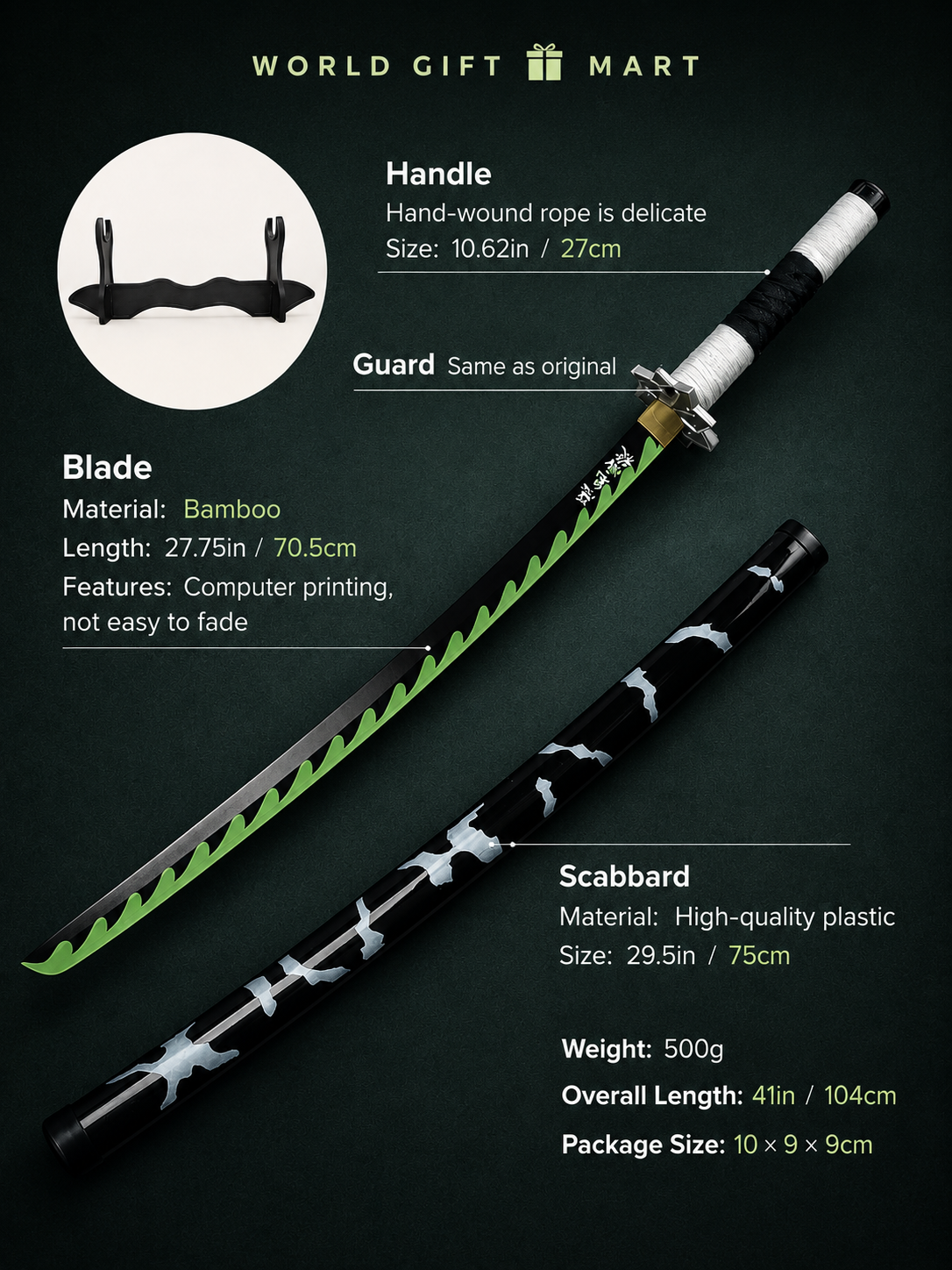 Sanemi Shinazugawa Demon Slayer Katana Sword 41 Inch | Wind Breathing Bamboo Anime Cosplay Sword with Scabbard & Display Stand | Samurai Sword Prop for Room Decor, Collection & Gifting