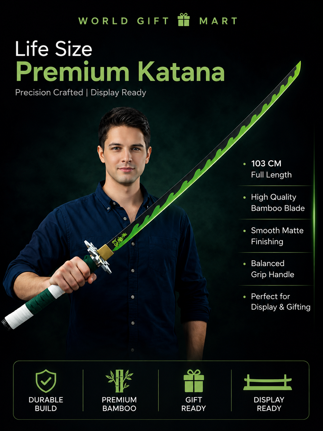 Sanemi Shinazugawa Demon Slayer Katana Sword 41 Inch | Wind Breathing Bamboo Anime Cosplay Sword with Scabbard & Display Stand | Samurai Sword Prop for Room Decor, Collection & Gifting