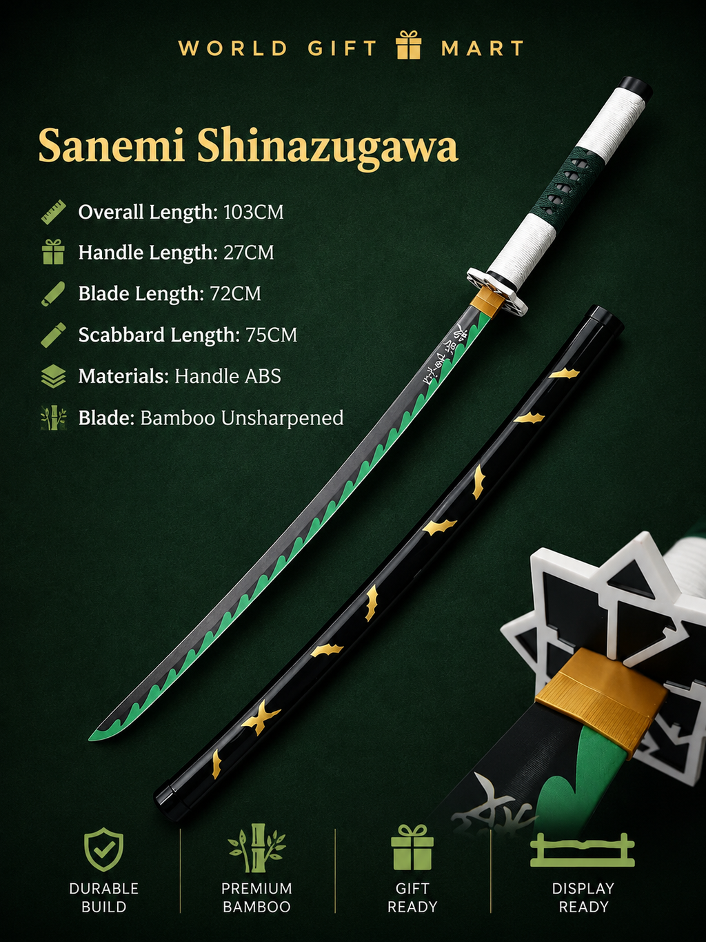 Sanemi Shinazugawa Demon Slayer Katana Sword 41 Inch | Wind Breathing Bamboo Anime Cosplay Sword with Scabbard & Display Stand | Samurai Sword Prop for Room Decor, Collection & Gifting