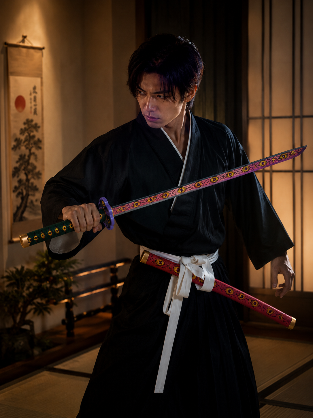 Kokushibo Demon Slayer Wooden Katana Sword 41 Inch | Anime Cosplay Bamboo Samurai Sword with Scabbard & Display Stand | Moon Breathing Style Collectible Prop for Room Decor, Fans & Gifting
