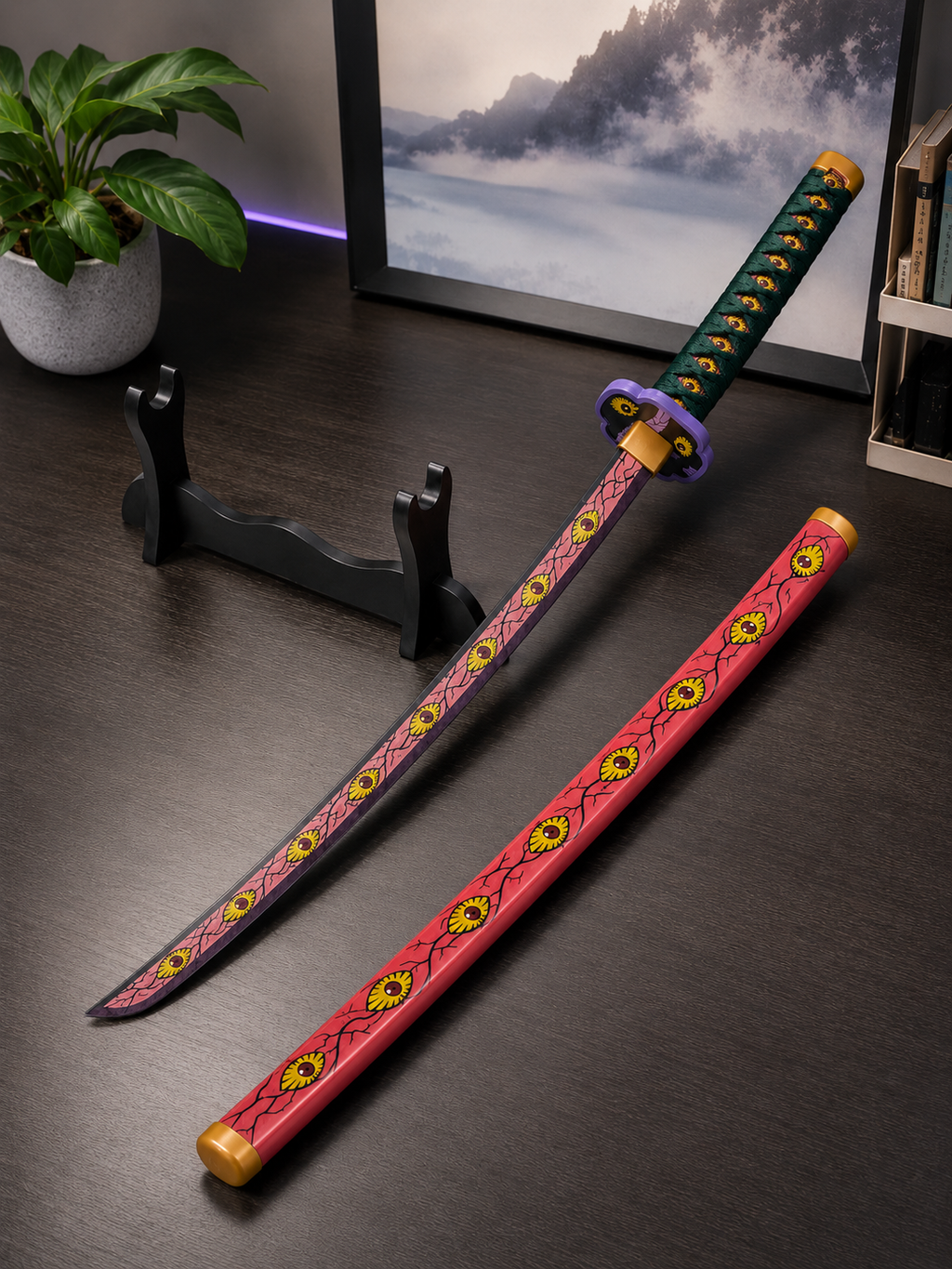 Kokushibo Demon Slayer Wooden Katana Sword 41 Inch | Anime Cosplay Bamboo Samurai Sword with Scabbard & Display Stand | Moon Breathing Style Collectible Prop for Room Decor, Fans & Gifting