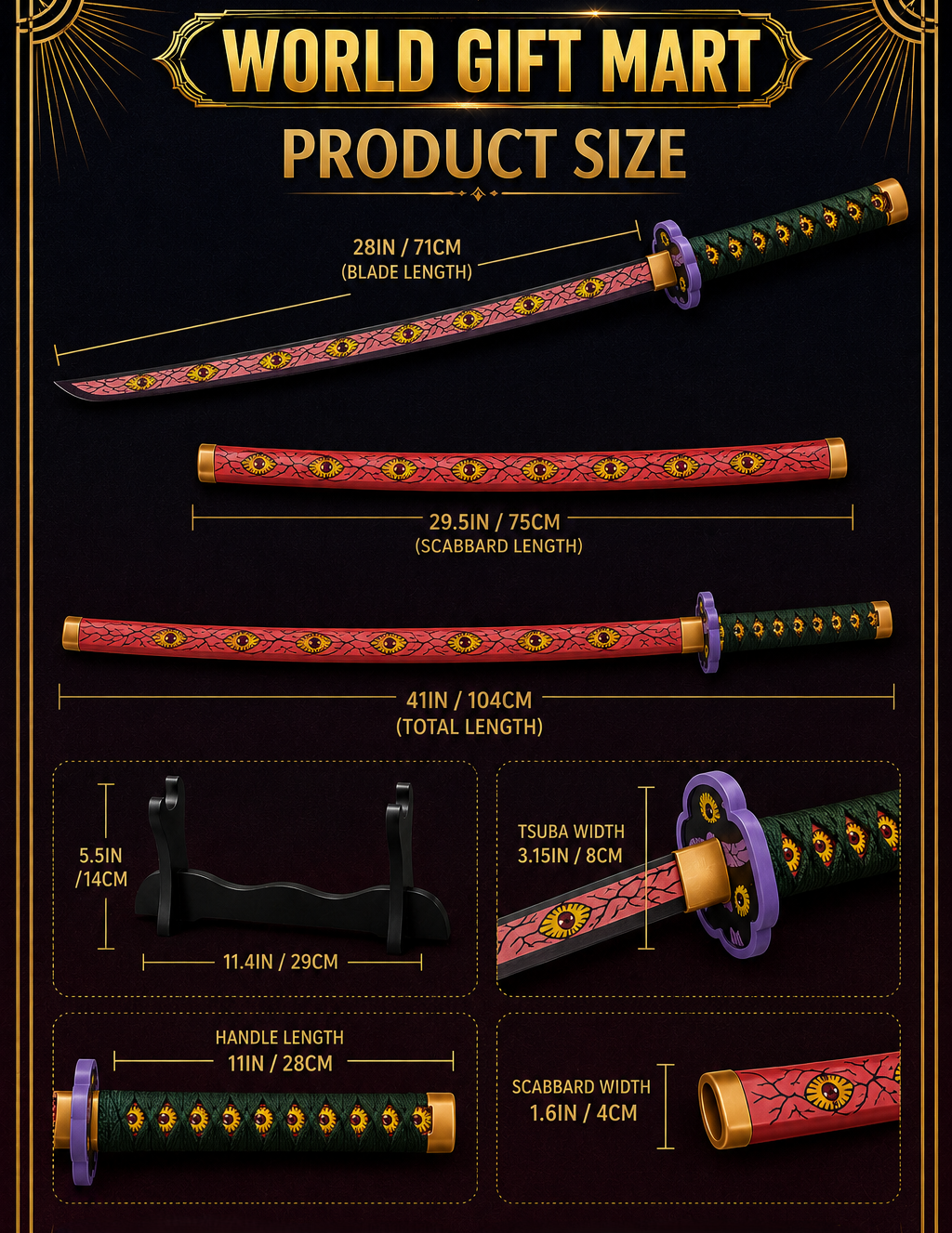 Kokushibo Demon Slayer Wooden Katana Sword 41 Inch | Anime Cosplay Bamboo Samurai Sword with Scabbard & Display Stand | Moon Breathing Style Collectible Prop for Room Decor, Fans & Gifting