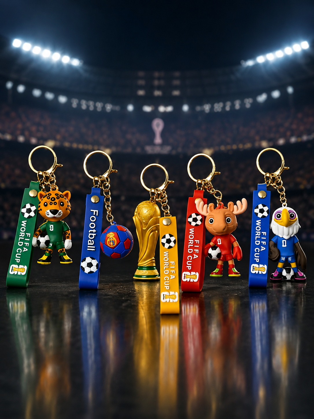 ( Pack of 5) FIFA World Cup Keychain Set | Football Animal Mascot, Trophy & Soccer Ball Charm Key Rings with Silicone Strap | Bag Accessory, Key Holder, Car Decor & Gift for Football Fans