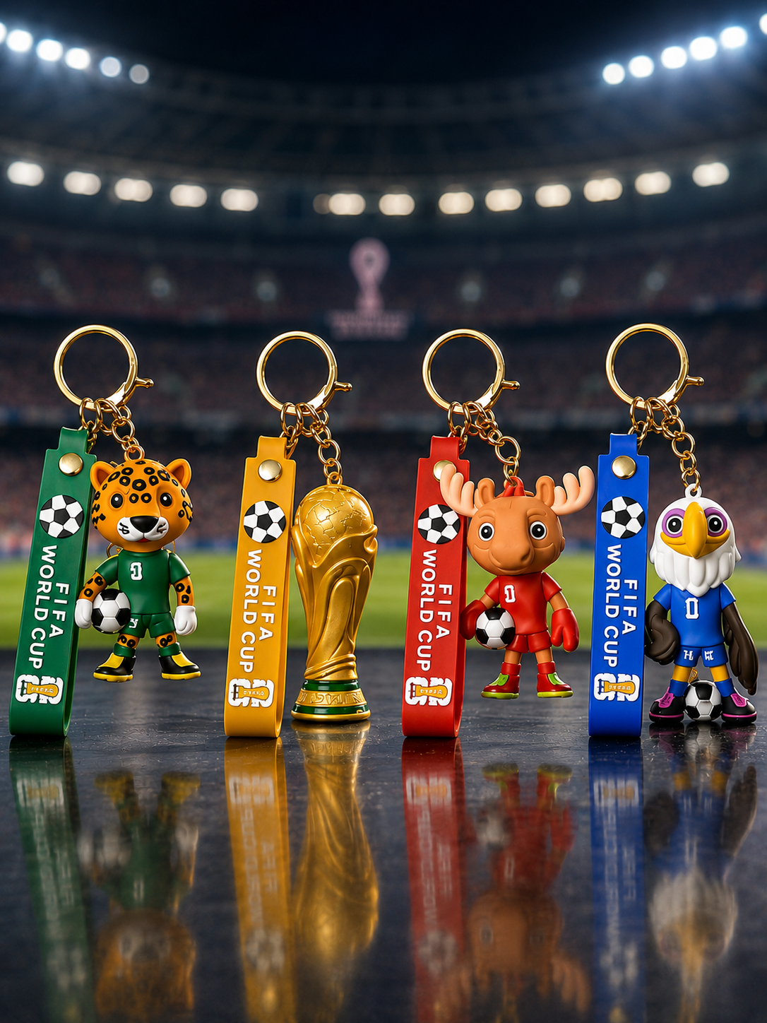 ( Pack of 4) FIFA World Cup Keychain Set | Football Animal Mascot & Trophy Charm Key Rings with Color Silicone Straps | Bag Accessory, Key Holder, Car Decor & Gift for Football Fans