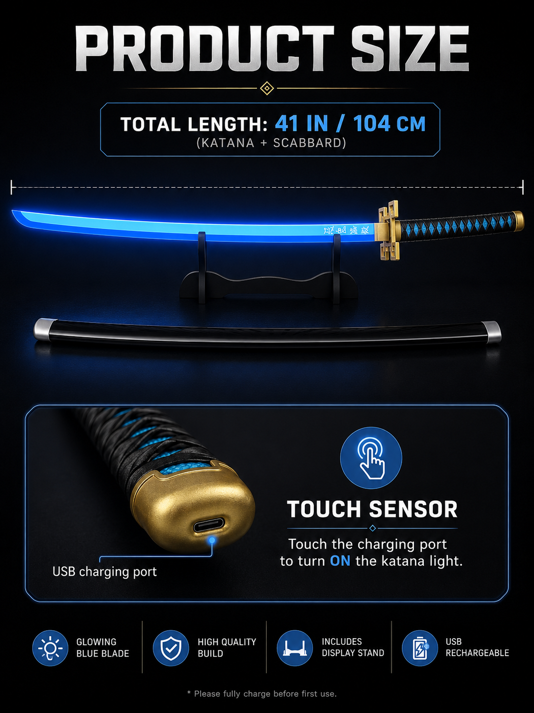 Tokito Muichiro LED Katana Sword | Demon Slayer Anime Cosplay Sword with Blue Light Blade, Touch Sensor & USB Rechargeable Design | Decorative Samurai Sword with Stand for Fans