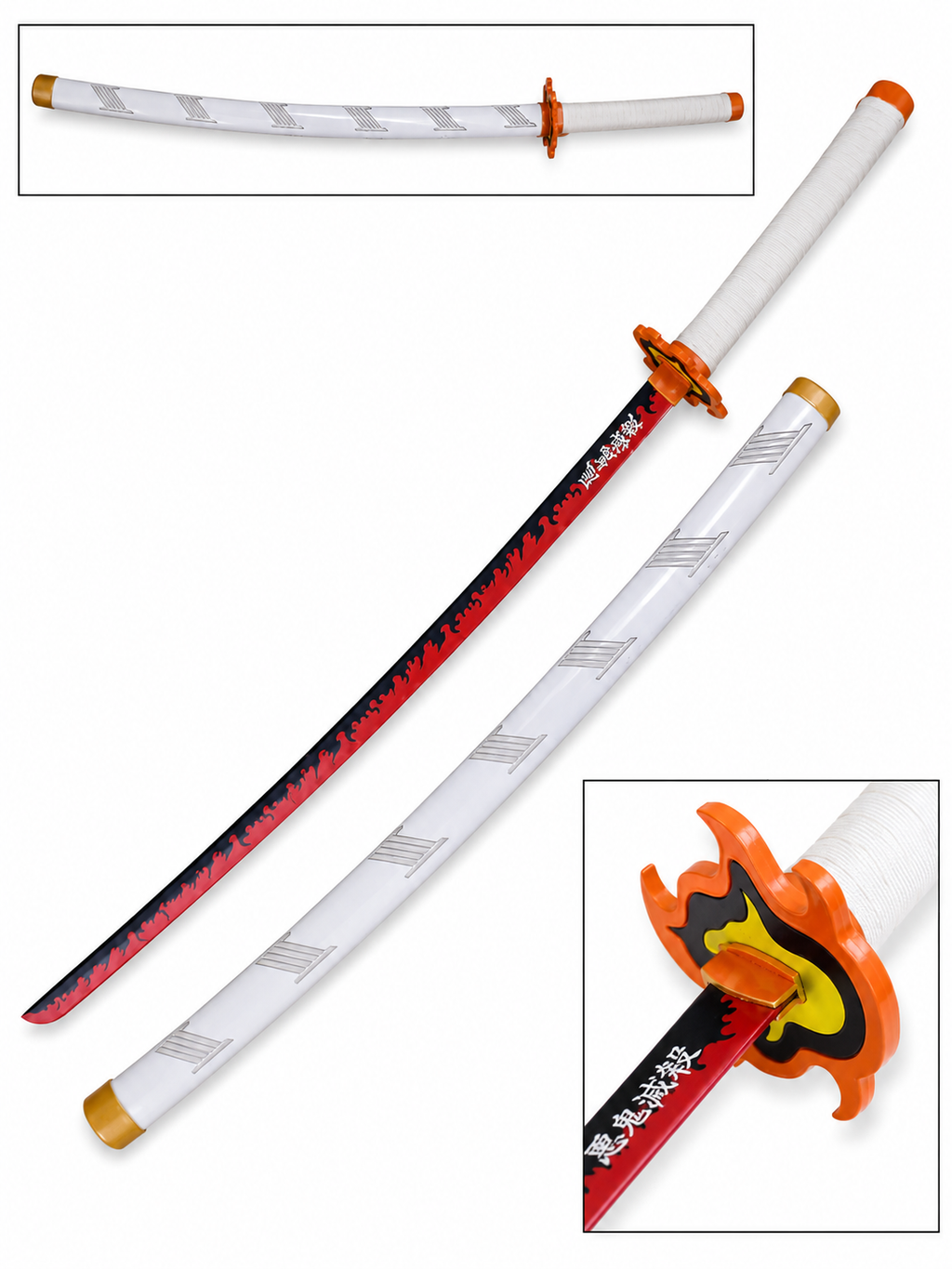 Demon Slayer Rengoku Wooden Katana 41 Inch | Flame Hashira Inspired Anime Samurai Sword Prop with White Scabbard | Cosplay Collectible for Display & Gift