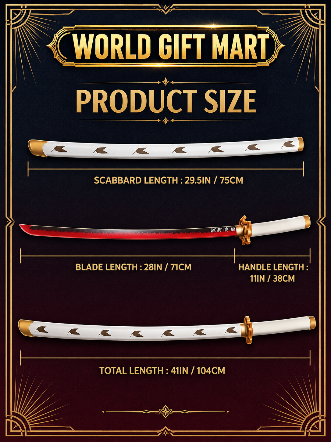 Demon Slayer Rengoku Wooden Katana 41 Inch | Flame Hashira Inspired Anime Samurai Sword Prop with White Scabbard | Cosplay Collectible for Display & Gift