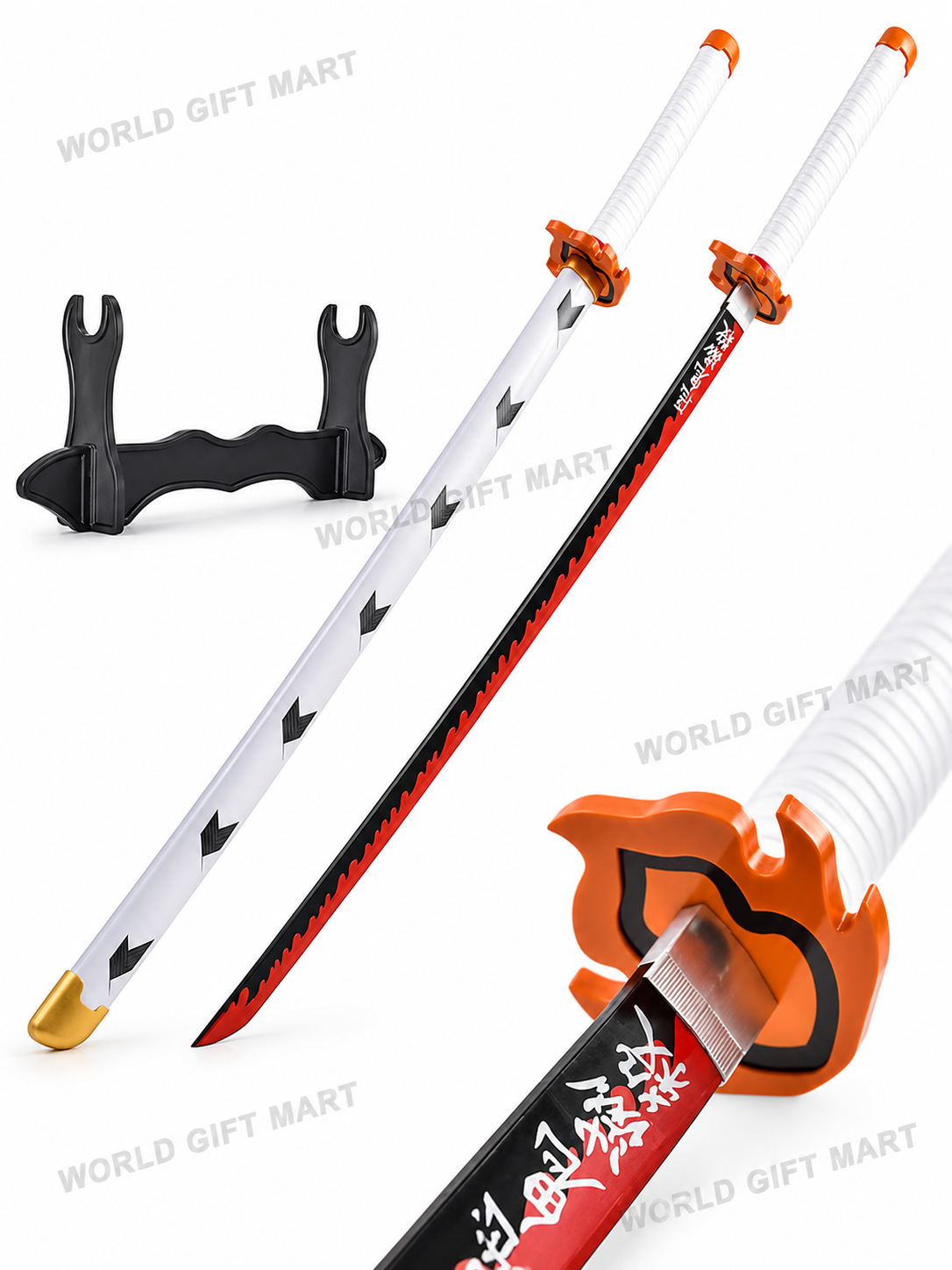 Demon Slayer Rengoku Wooden Katana 41 Inch | Flame Hashira Inspired Anime Samurai Sword Prop with White Scabbard | Cosplay Collectible for Display & Gift
