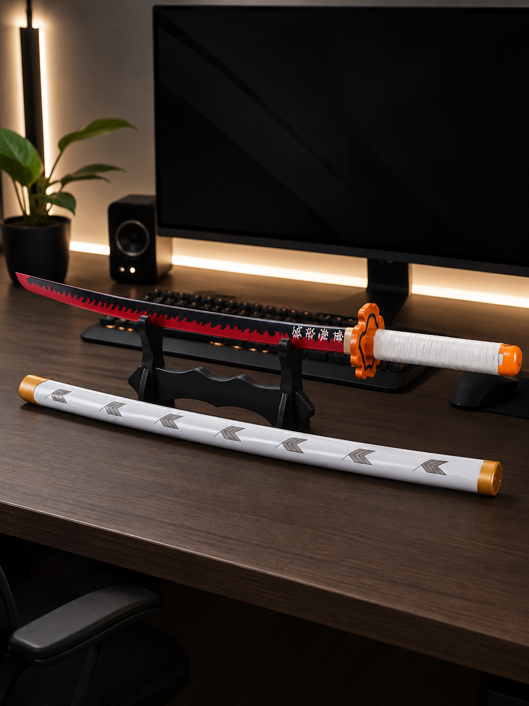Demon Slayer Rengoku Wooden Katana 41 Inch | Flame Hashira Inspired Anime Samurai Sword Prop with White Scabbard | Cosplay Collectible for Display & Gift