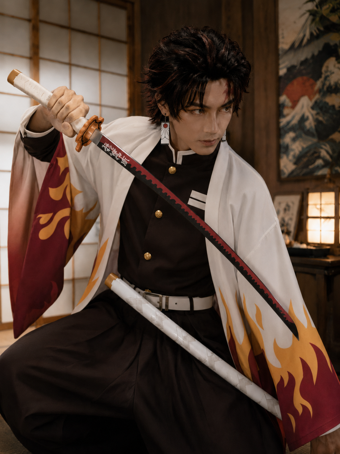 Demon Slayer Rengoku Wooden Katana 41 Inch | Flame Hashira Inspired Anime Samurai Sword Prop with White Scabbard | Cosplay Collectible for Display & Gift