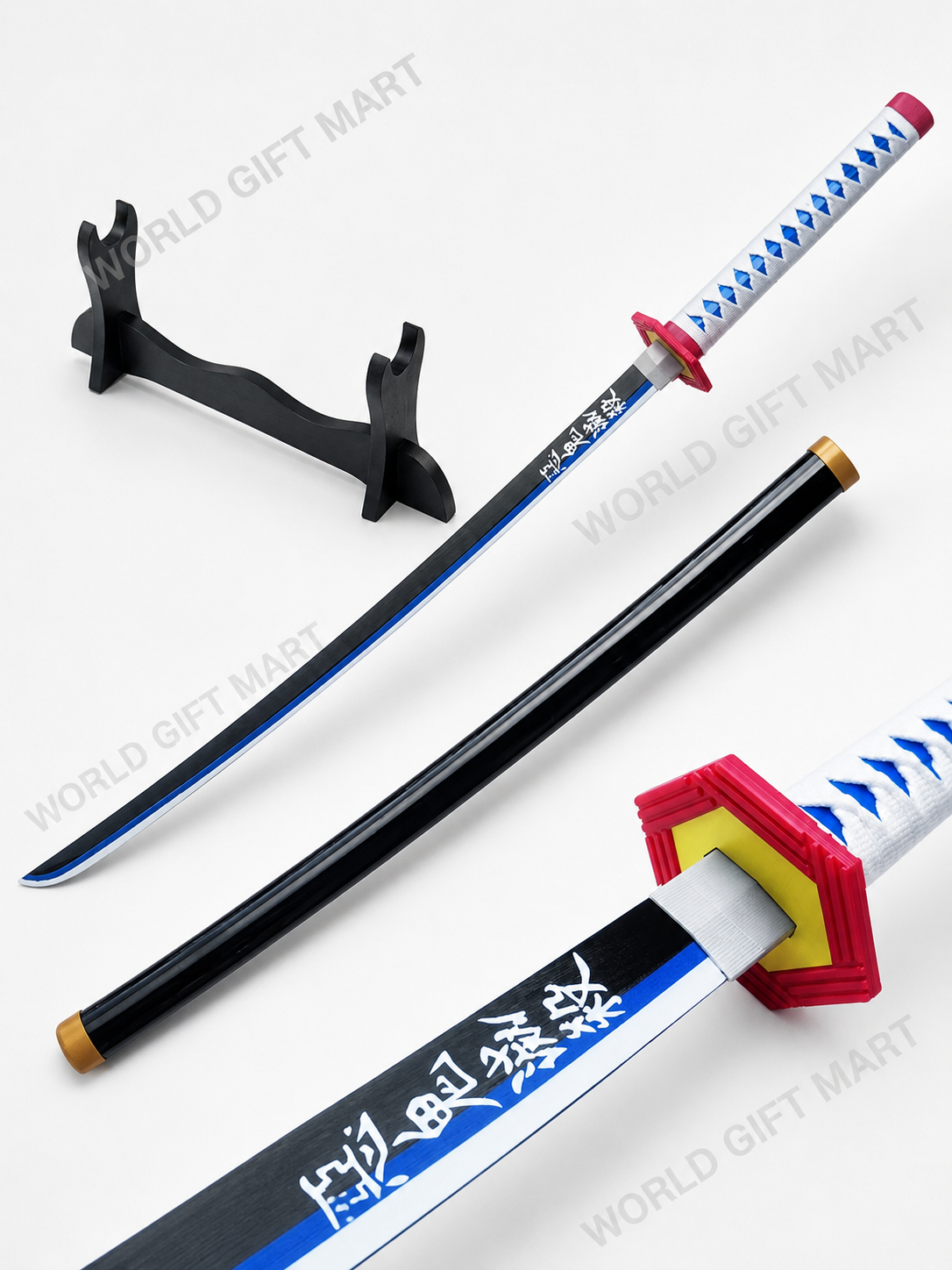Demon Slayer Giyu Tomioka Wooden Katana | 41 Inch Anime Samurai Sword Prop with Black Scabbard | Bamboo Cosplay Collectible for Fans, Display & Gift