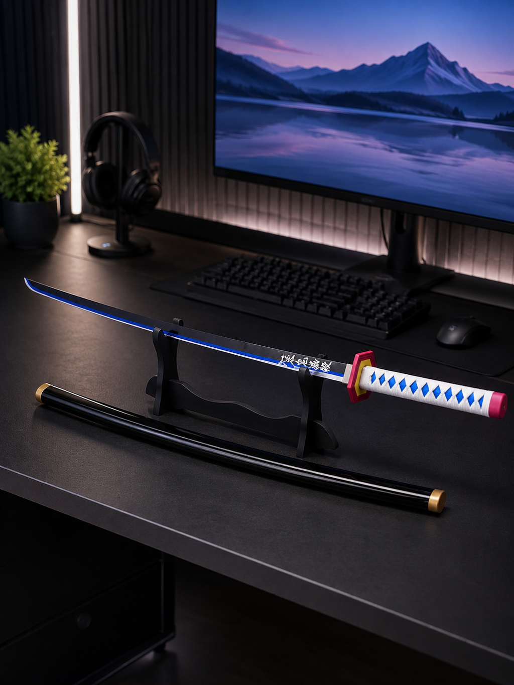 Demon Slayer Giyu Tomioka Wooden Katana | 41 Inch Anime Samurai Sword Prop with Black Scabbard | Bamboo Cosplay Collectible for Fans, Display & Gift