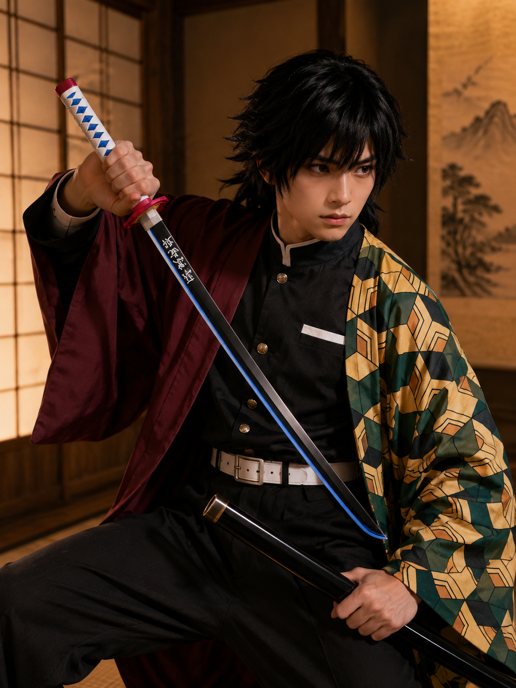 Demon Slayer Giyu Tomioka Wooden Katana | 41 Inch Anime Samurai Sword Prop with Black Scabbard | Bamboo Cosplay Collectible for Fans, Display & Gift
