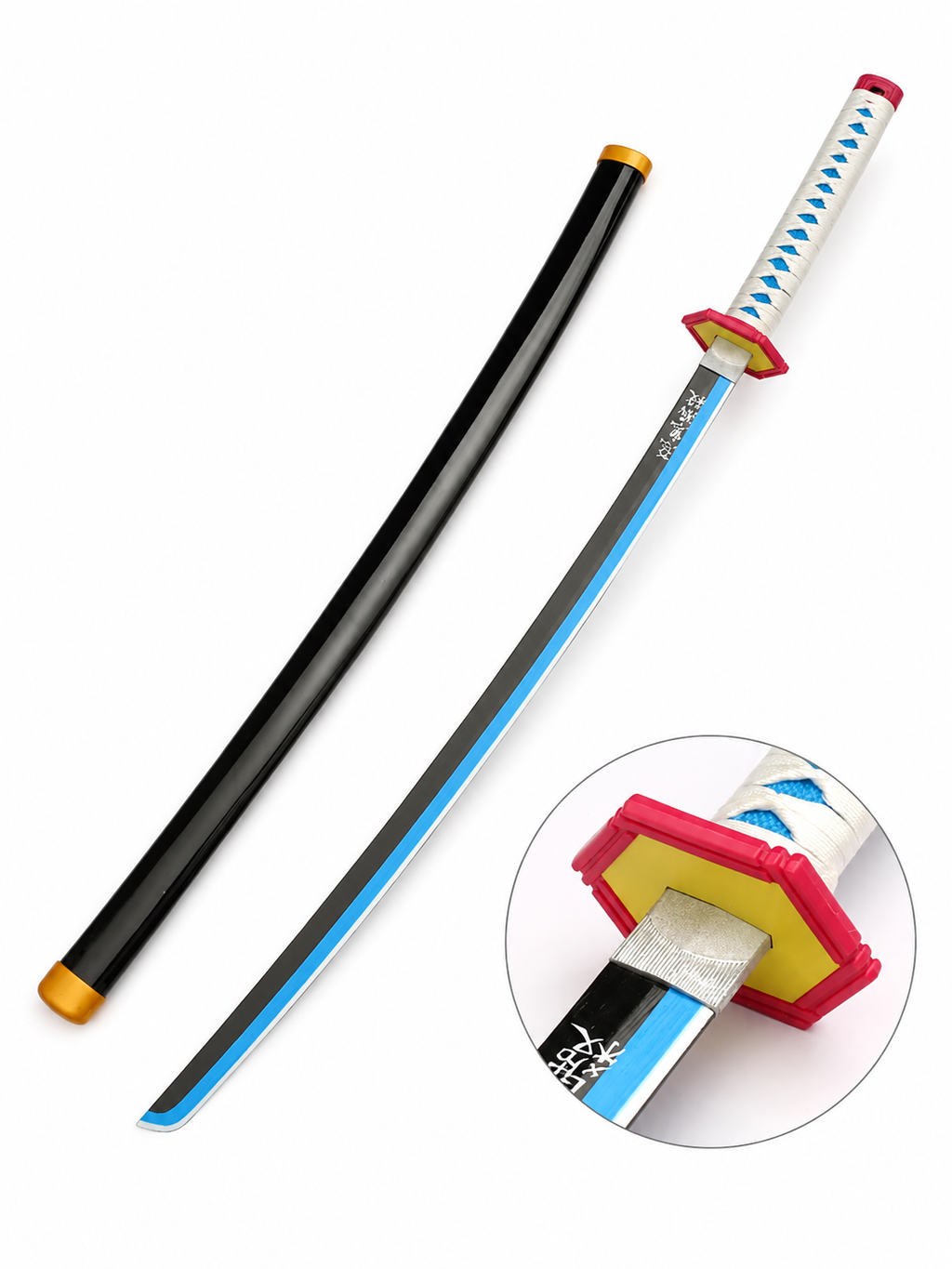 Demon Slayer Giyu Tomioka Wooden Katana | 41 Inch Anime Samurai Sword Prop with Black Scabbard | Bamboo Cosplay Collectible for Fans, Display & Gift