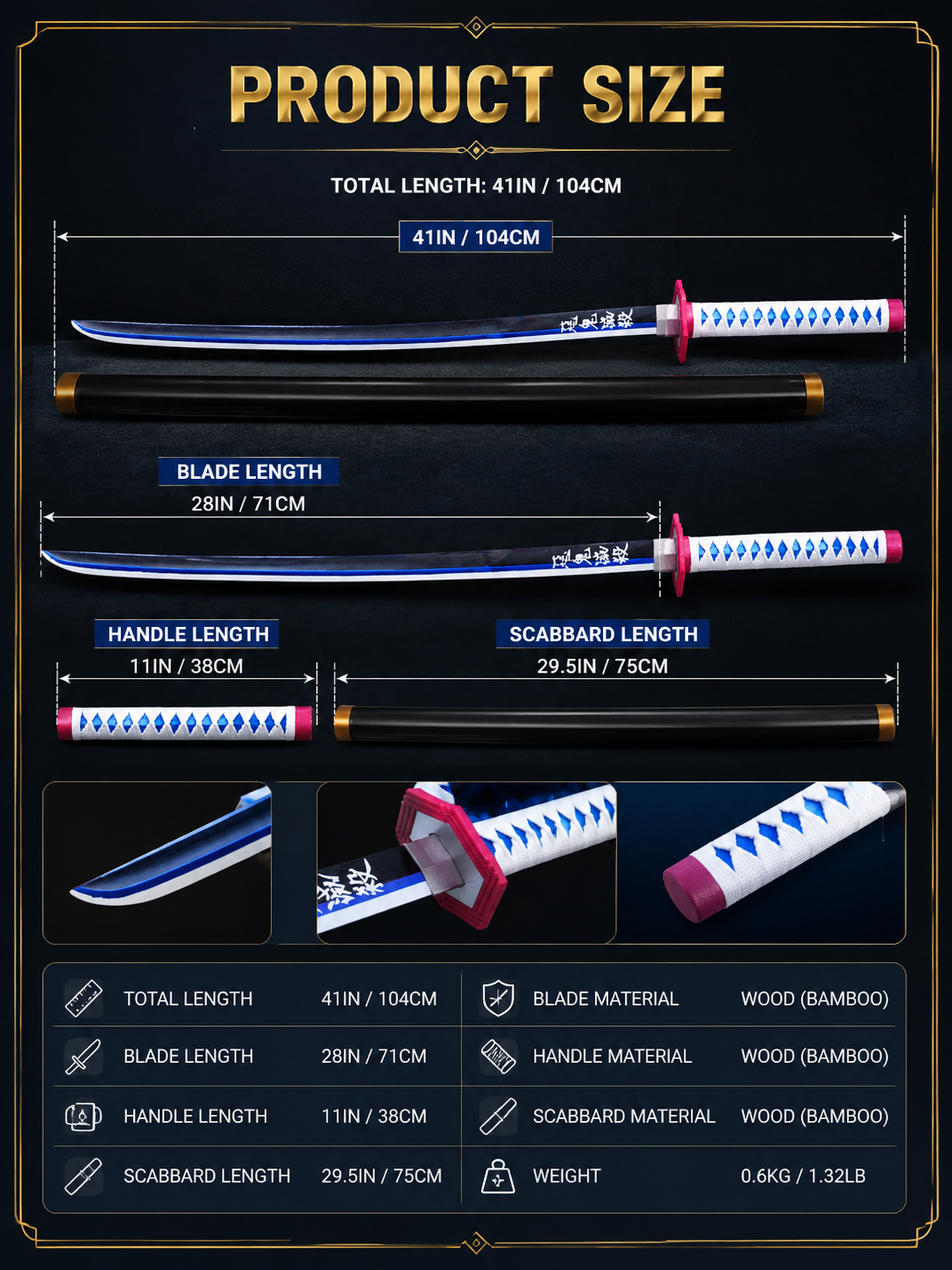 Demon Slayer Giyu Tomioka Wooden Katana | 41 Inch Anime Samurai Sword Prop with Black Scabbard | Bamboo Cosplay Collectible for Fans, Display & Gift