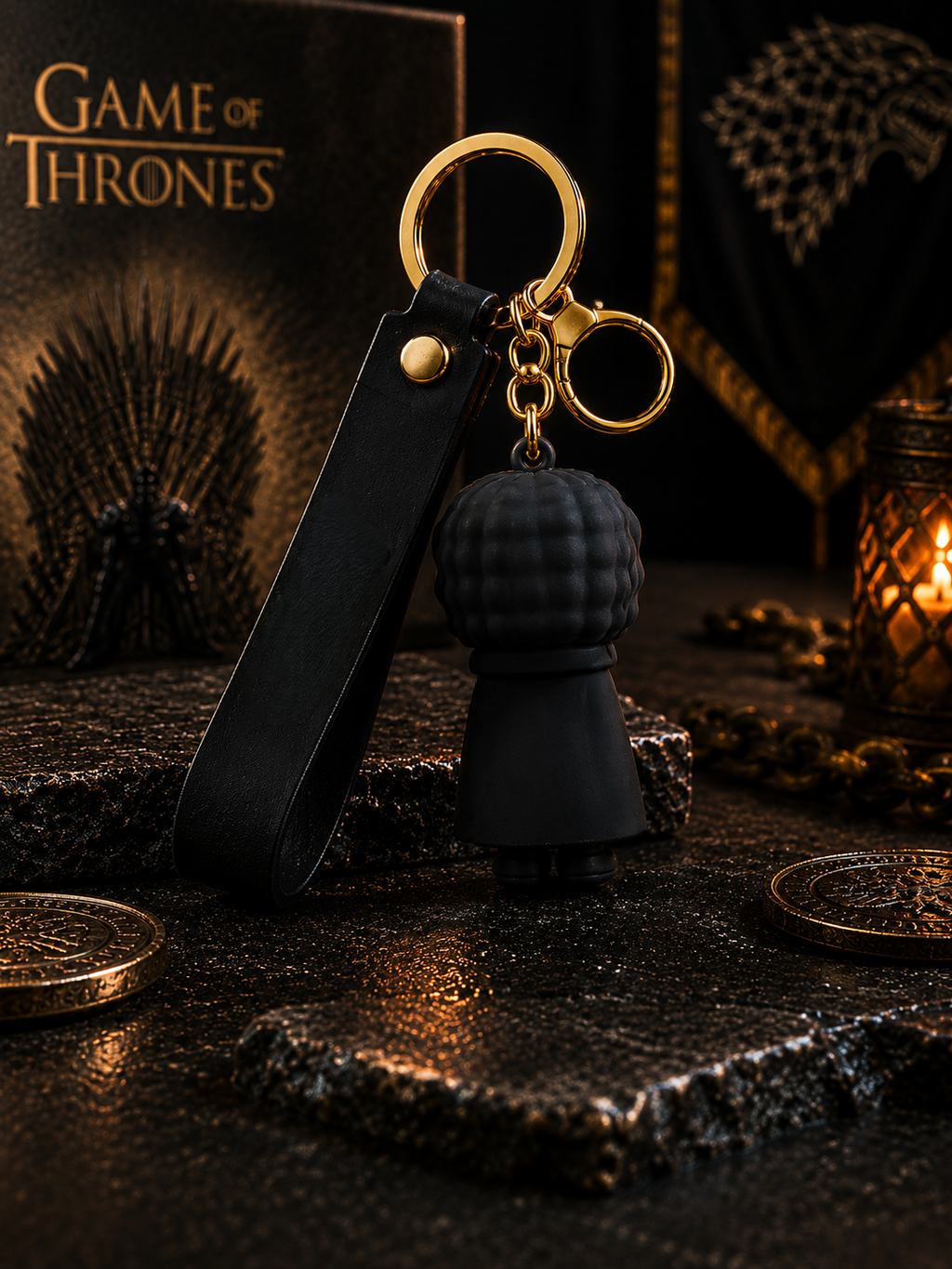 Game of Thrones Jon Snow Keychain | Soft PVC Character Charm Key Ring with PU Leather Strap & Metal Clasp | Black & Gold Bag Charm for Keys, Backpack, Car Keys, Fans & Gifting