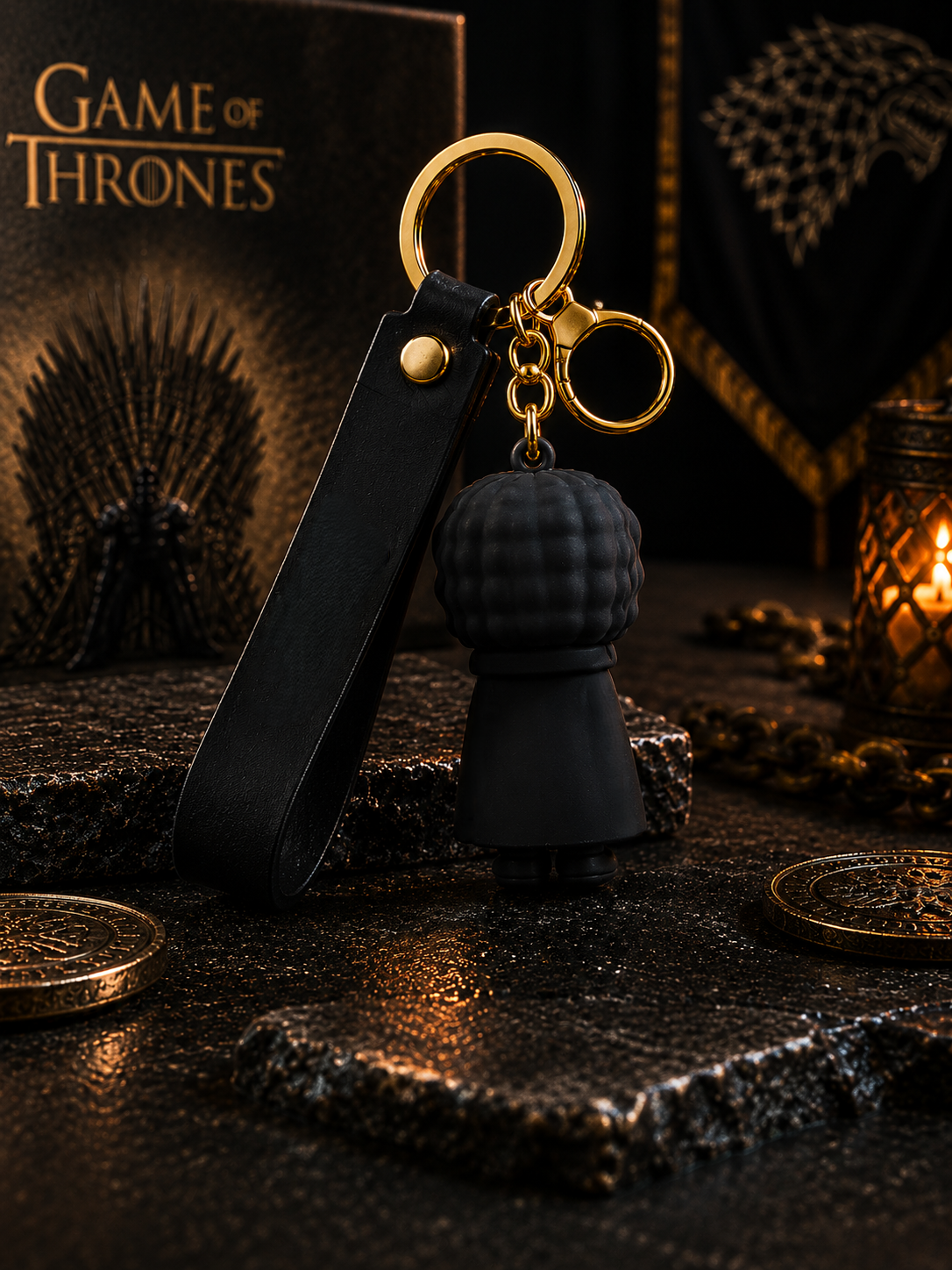 Game of Thrones Jon Snow Keychain | Soft PVC Character Charm Key Ring with PU Leather Strap & Metal Clasp | Black & Gold Bag Charm for Keys, Backpack, Car Keys, Fans & Gifting