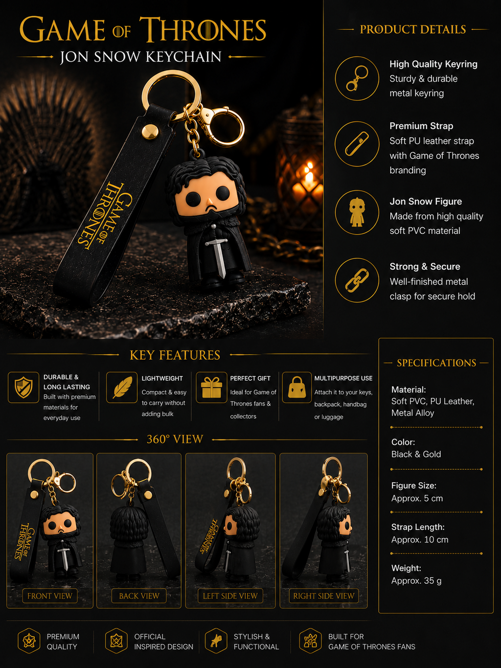 Game of Thrones Jon Snow Keychain | Soft PVC Character Charm Key Ring with PU Leather Strap & Metal Clasp | Black & Gold Bag Charm for Keys, Backpack, Car Keys, Fans & Gifting