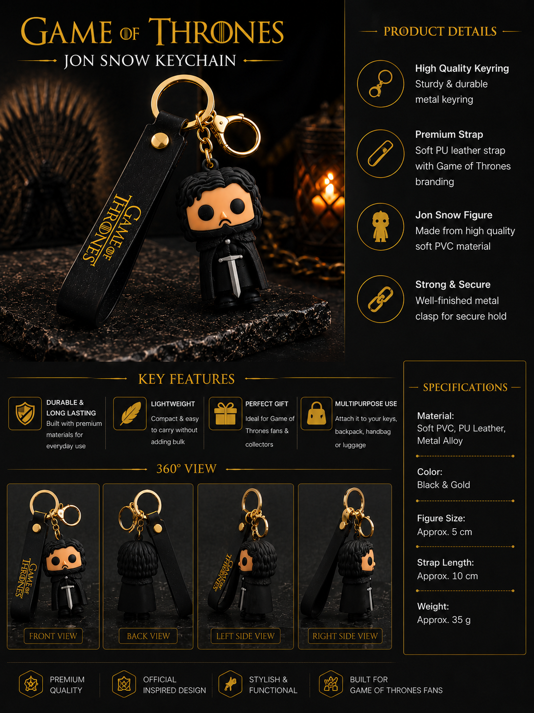 Game of Thrones Jon Snow Keychain | Soft PVC Character Charm Key Ring with PU Leather Strap & Metal Clasp | Black & Gold Bag Charm for Keys, Backpack, Car Keys, Fans & Gifting