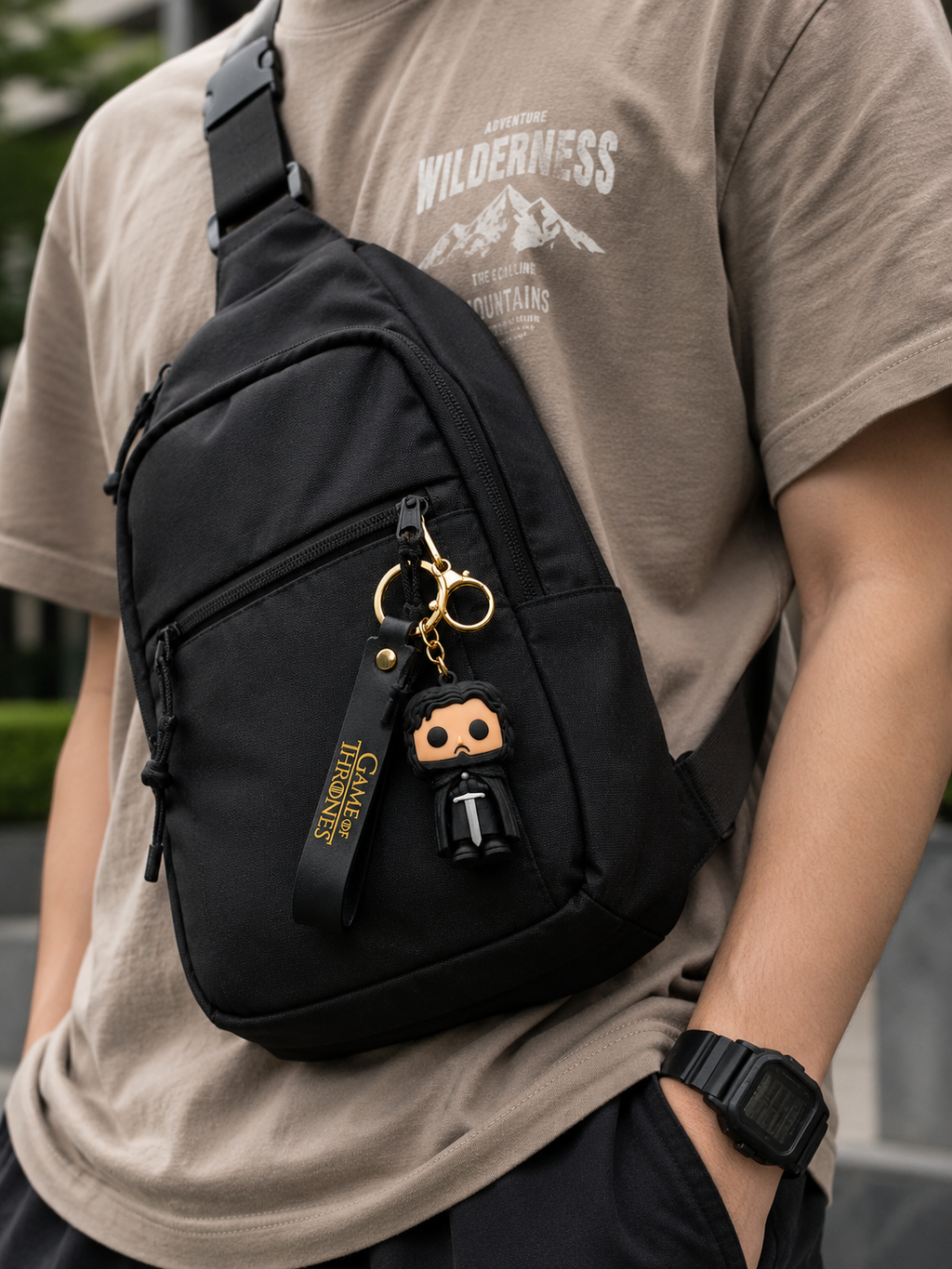 Game of Thrones Jon Snow Keychain | Soft PVC Character Charm Key Ring with PU Leather Strap & Metal Clasp | Black & Gold Bag Charm for Keys, Backpack, Car Keys, Fans & Gifting