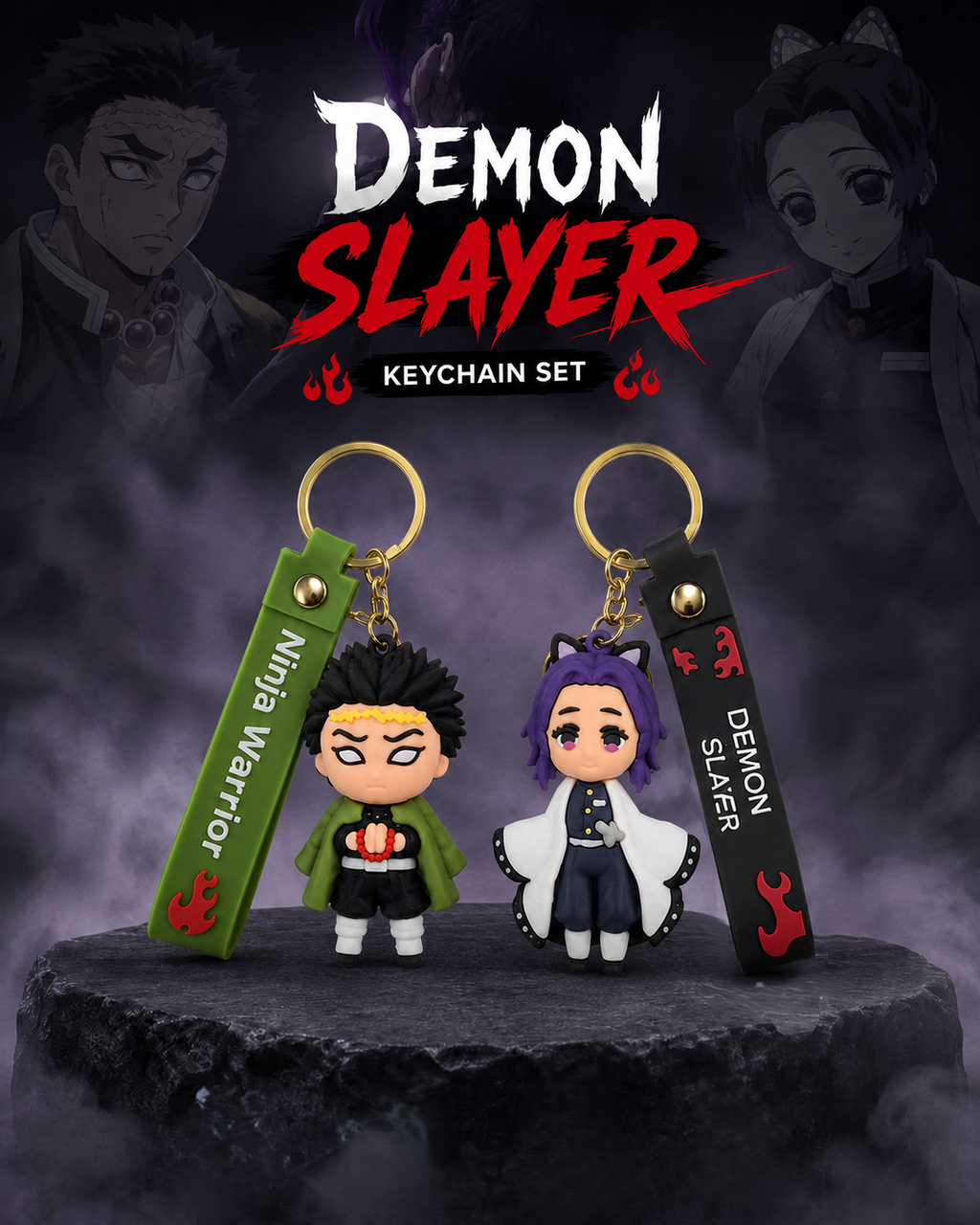(Pack of 2) Demon Slayer Keychain Set | Gyomei Himejima & Shinobu Kocho Anime Character PVC Keychains with Strap, Metal Ring & Clasp | Bag Charm, Keys, Backpack Accessory & Gift for Fans