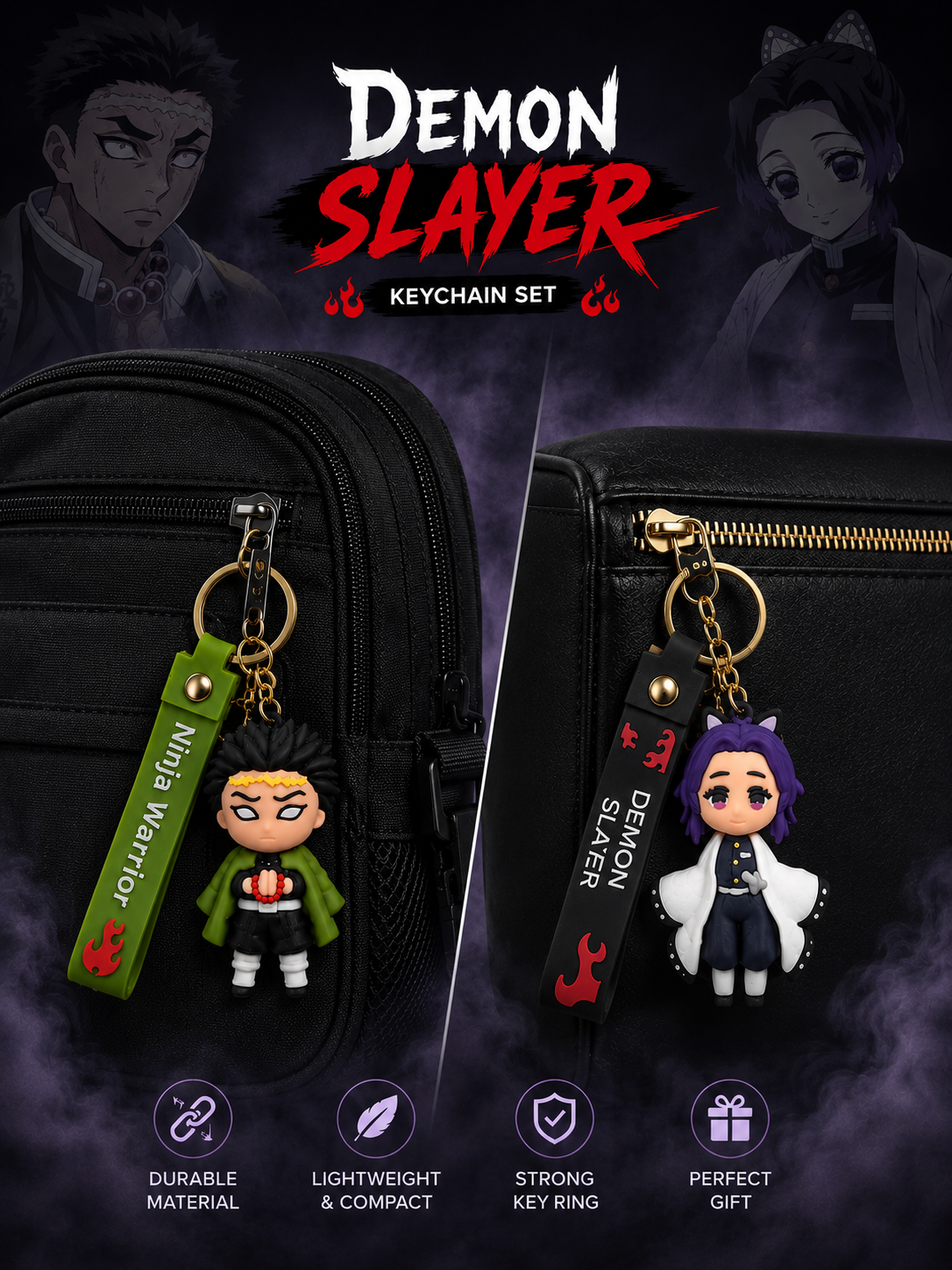(Pack of 2) Demon Slayer Keychain Set | Gyomei Himejima & Shinobu Kocho Anime Character PVC Keychains with Strap, Metal Ring & Clasp | Bag Charm, Keys, Backpack Accessory & Gift for Fans
